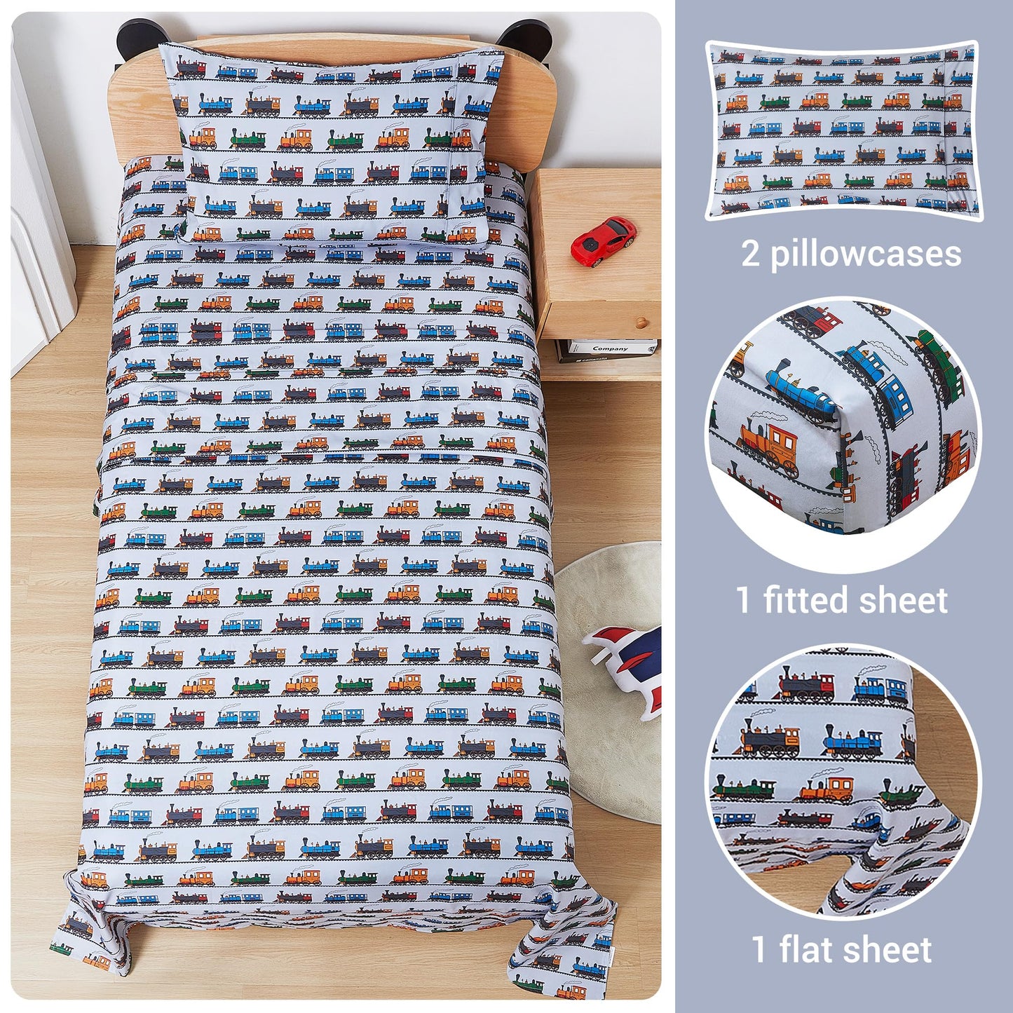 Viviland 3 Pieces Boys Grey Twin Sheet Set - Soft Microfiber Fitted Flat Sheets & Pillowcase - Retro Train Print Bedding Sets - for Kids & Toddlers