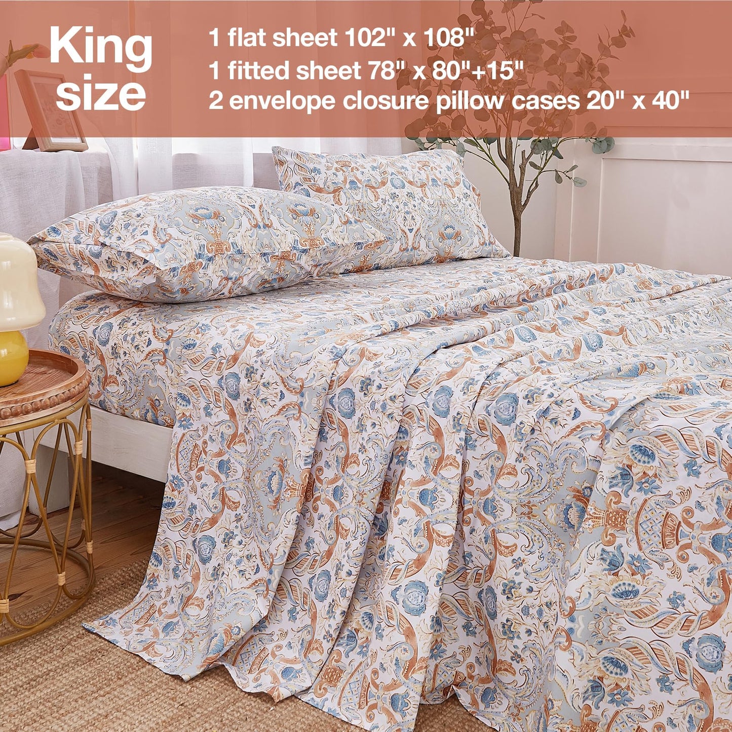 JSD Vintage Paisley Printed Sheet Set King Size, 4 Piece Soft Pattern Microfiber Sheets Extra Deep Pocket