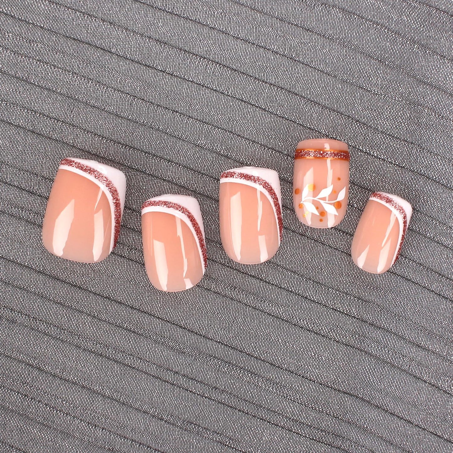Stbisen French Press On Nails Short Square, Nude Fake Nails with White French Tip and Minimalist Purple and Gold Line Design, Glossy Gel Acrylic Nails, Natural Reusable Glue On Nails for Women, 30Pcs