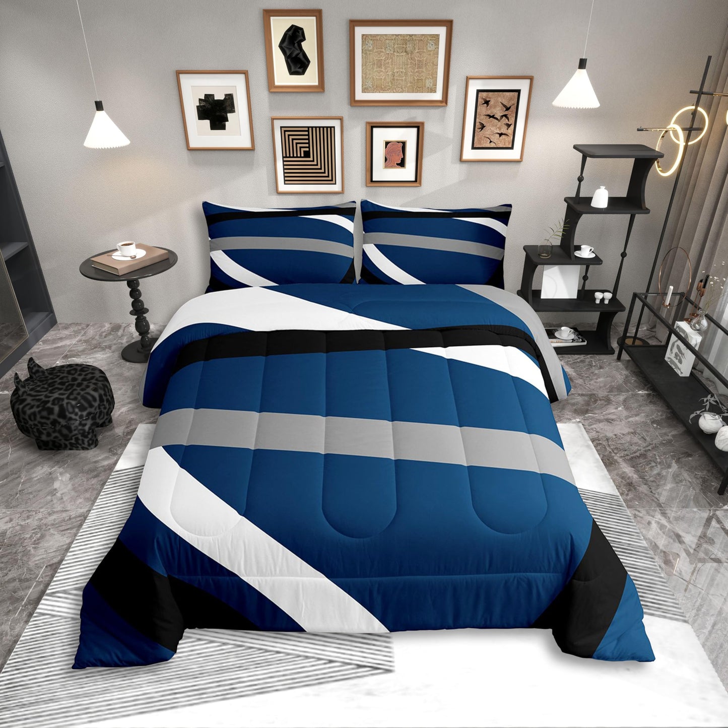 Erosebridal Blue Gray Black Striped Queen Comforter Set for Adult Women Men Modern Abstract Bedding Set Geometric Lines Bed Set Aesthetic Boho Quilt Set