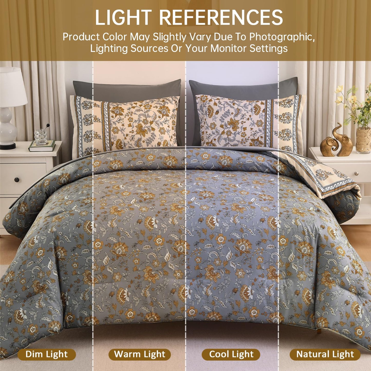 Dinjoy Boho Comforter Set Queen,Beige Brown Bedding Paisley Floral 7 Piece Bed in a Bag Reversible Lightweight Bohemain Comforters with Sheet Sets for All Season