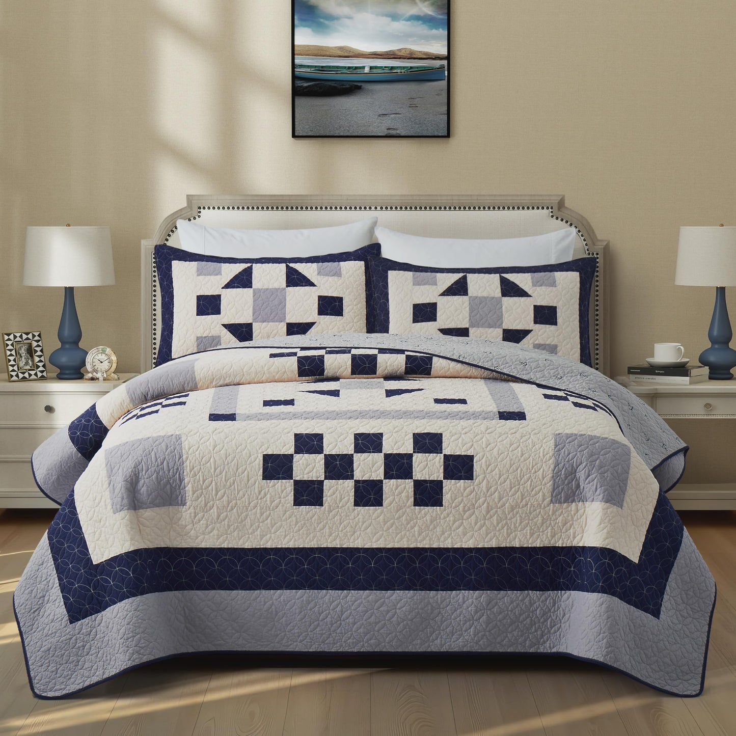 HUANXULISI California King Quilt, Navy Blue Grey, 118x102 Inch