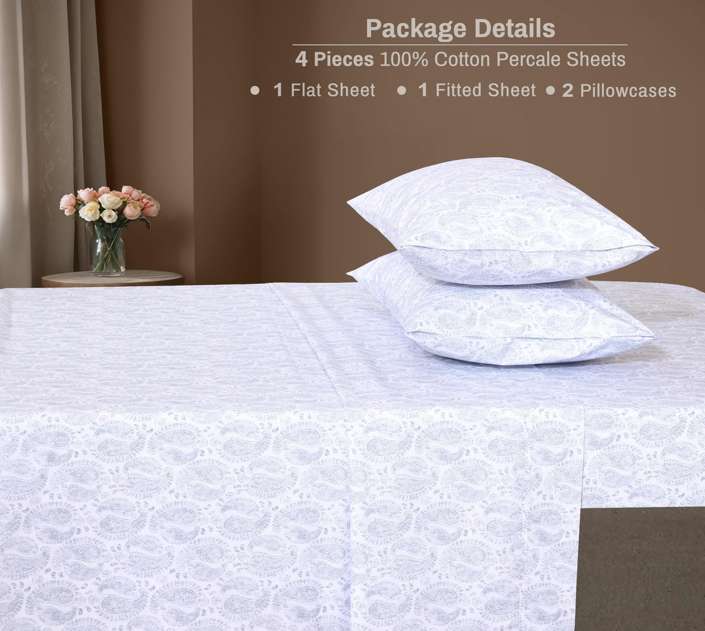 ZOYER 100% Cotton Percale Sheets Queen – Cooling Breathable Bed Sheets for Hot Sleepers, Crisp Hotel Style Bedding, Deep Pocket 16”, Lightweight Soft Durable 4 Pcs Sheet Set, Paisley Imprint