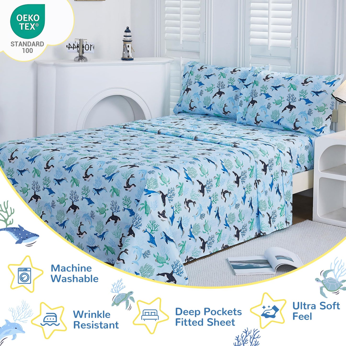 Viviland 3 Pieces Boys Blue Ocean Twin Sheet Set - Soft Microfiber Fitted Flat Sheets & Pillowcase - Blue Ocean Whales, Sea Turtles, Marine Organisms Bedding Sets - for Kids & Toddlers