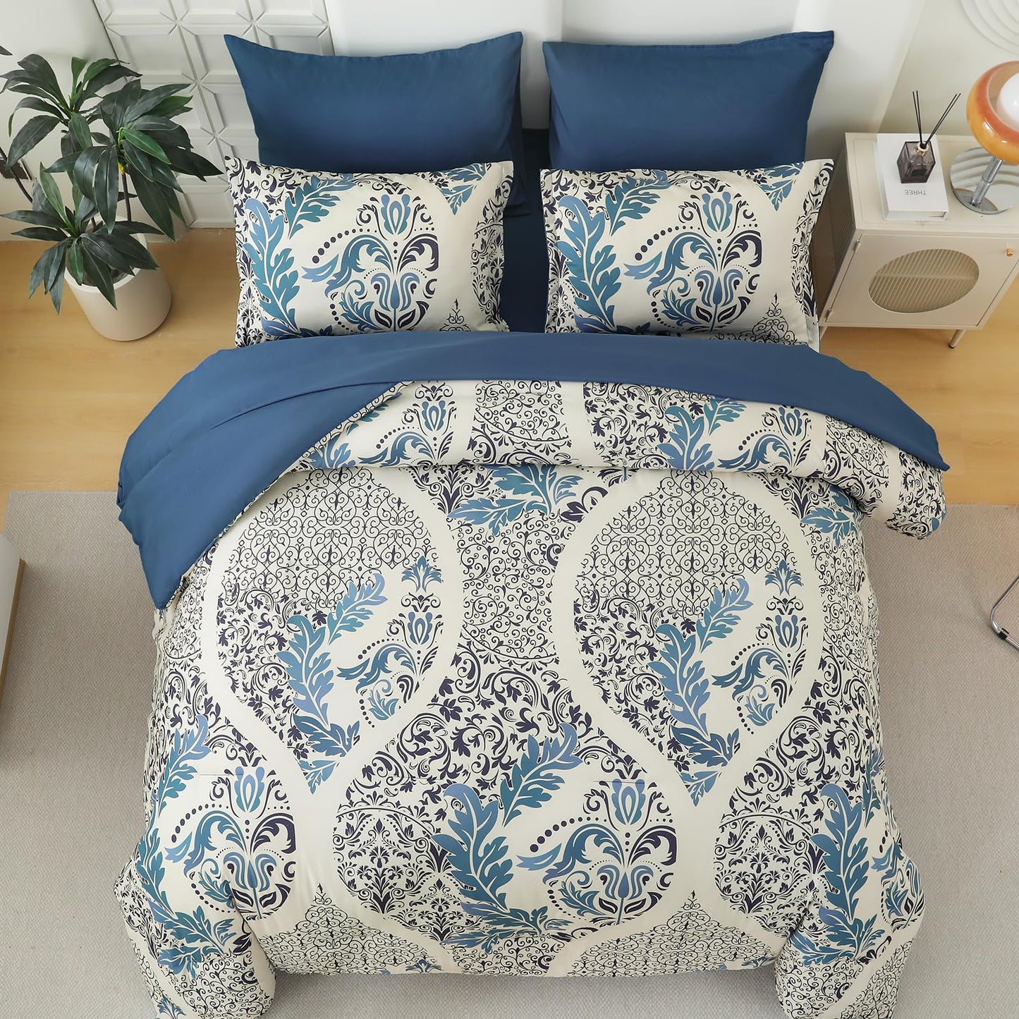Anibedding Blue Comforter Set King Size, 7 Pieces Bohemian Damask Comforter Set Soft Lightweight Microfiber Bedding Set for All Season (104"x90")