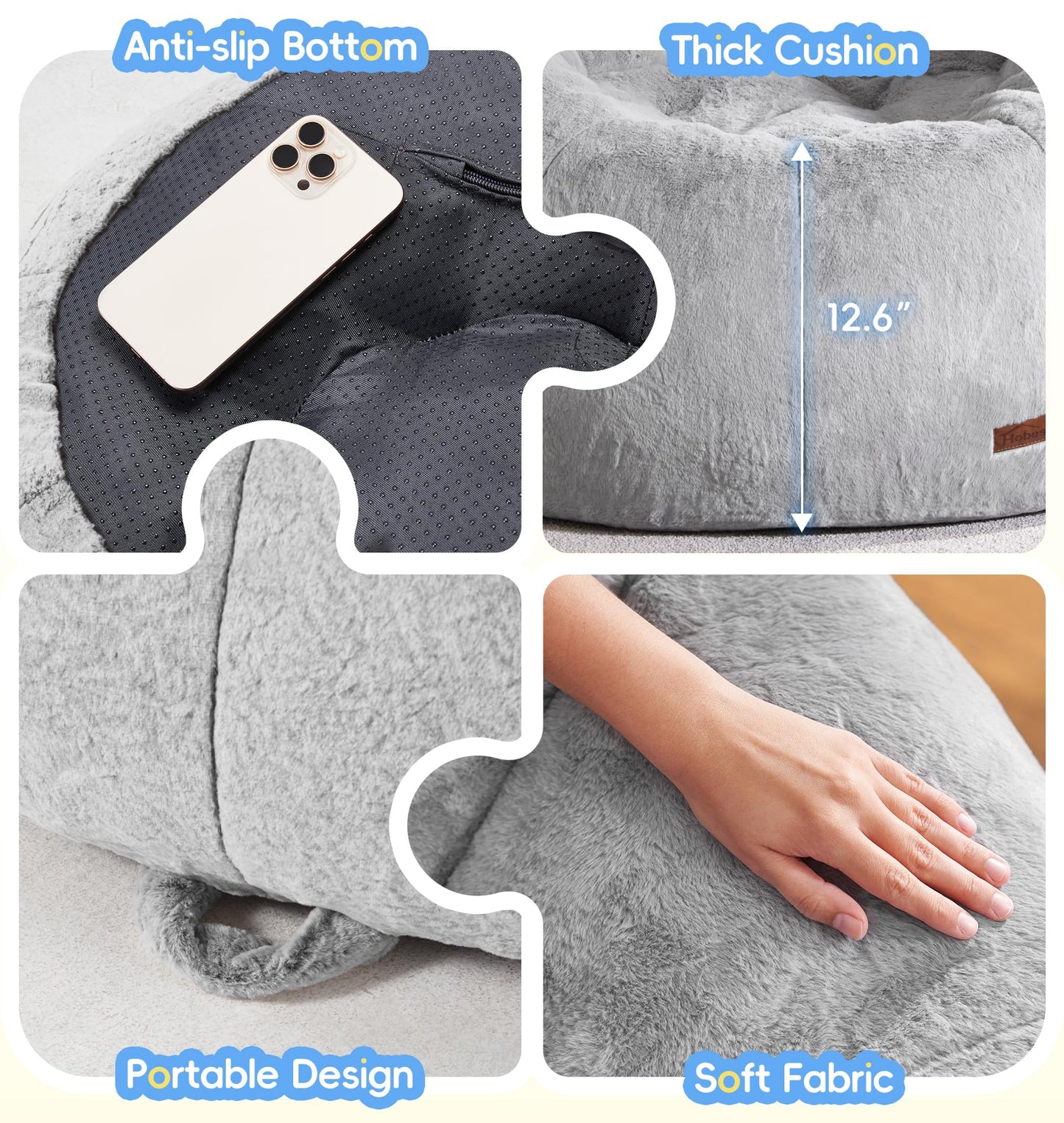 Hobestluk Bean Bag Chair for Teens Beanbag with Donut Shape Small Bean Bag Chair with Portable Handle Kids Bean Bag Couch for Living Room Bedroom Playroom (Grey, Large)