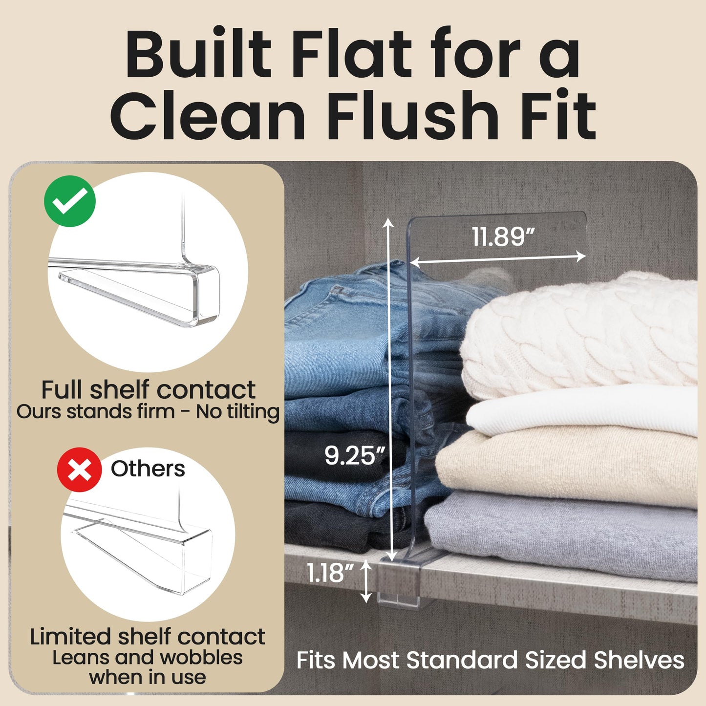KLOZIT 6- Pack Clear Acrylic Shelf Dividers-Non-Slip Closet Organizers for Sweaters, Bags, Towels- Shelf Separators for Bedroom, Kitchen, Office