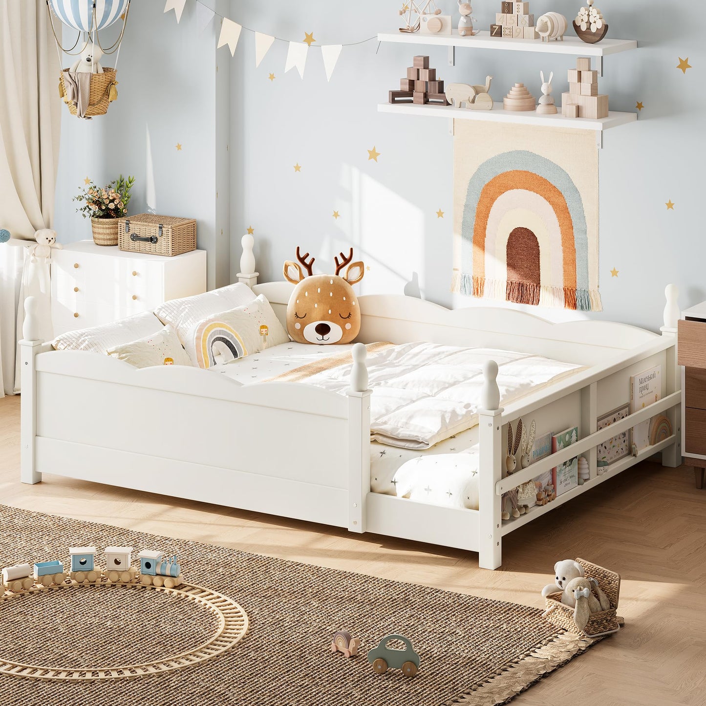 KEIKI Full Size Wood Montessori Floor Bed Frame with Beside Book Shelf, for Girls and Boys, Floor Bed with Full-Length Guardrails & Slats, Easy Assembly, No Box Spring Required, for Bedroom, Beige