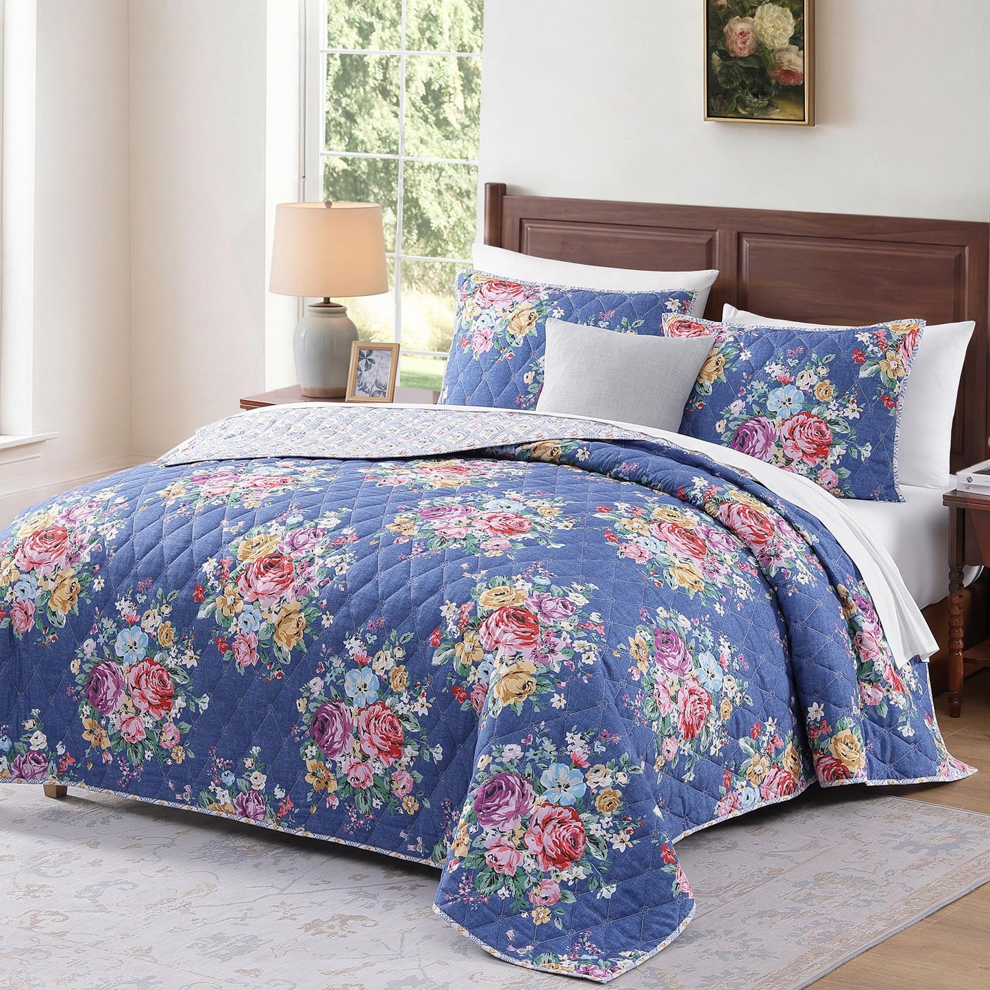 WRENSONGE Floral Quilt Set Queen Size, 3 Piece Reversible Lightweight Soft Bedspread Coverlet, Garden Farmhouse Botanical Diamond Stitched Bedding Set with 2 Pillow Shams for All Seasons