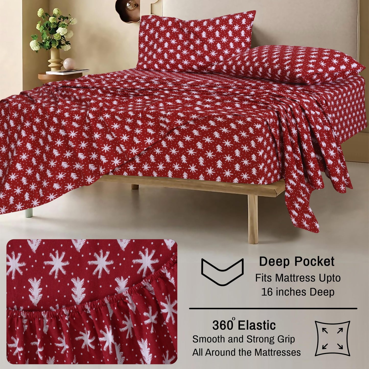 RUVANTI Flannel Sheets Queen Size - 100% Cotton Double Brushed Bed Sheets, Deep Pockets 16 Inches Queen Sheet Set, All Seasons Breathable & Extra Soft - Warm & Cozy, 4 Piece, Red Christmas