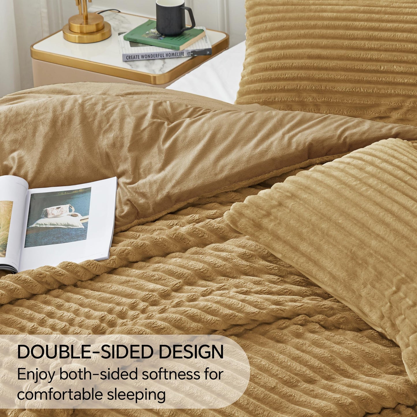 BEDELITE Fleece Queen Comforter Set -Super Soft & Warm Fluffy Brown Bedding, Luxury Fuzzy Heavy Bed Set for All Season with 2 Pillow Cases