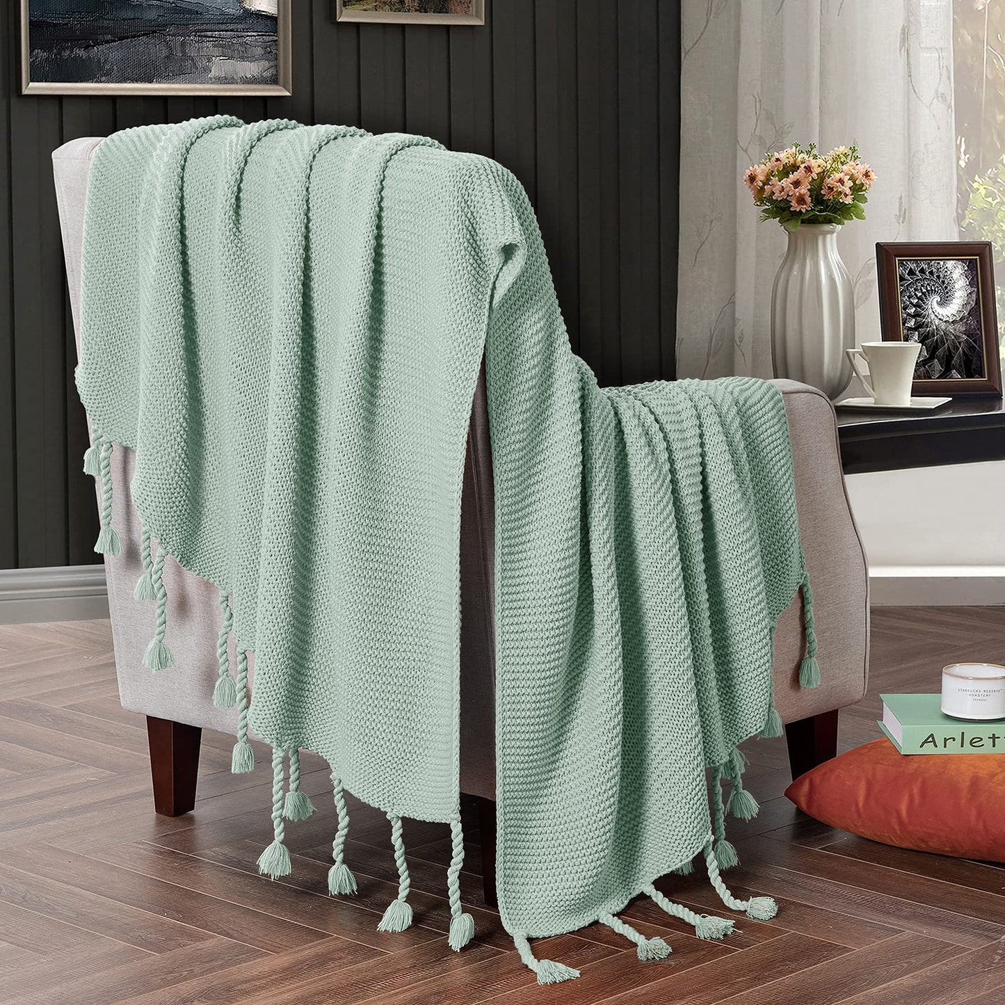 RUDONG M Knitted Throw Blanket with Fringe, Sage Green Knit Throw Blanket for Couch Bed Sofa 50 x 60 Inch