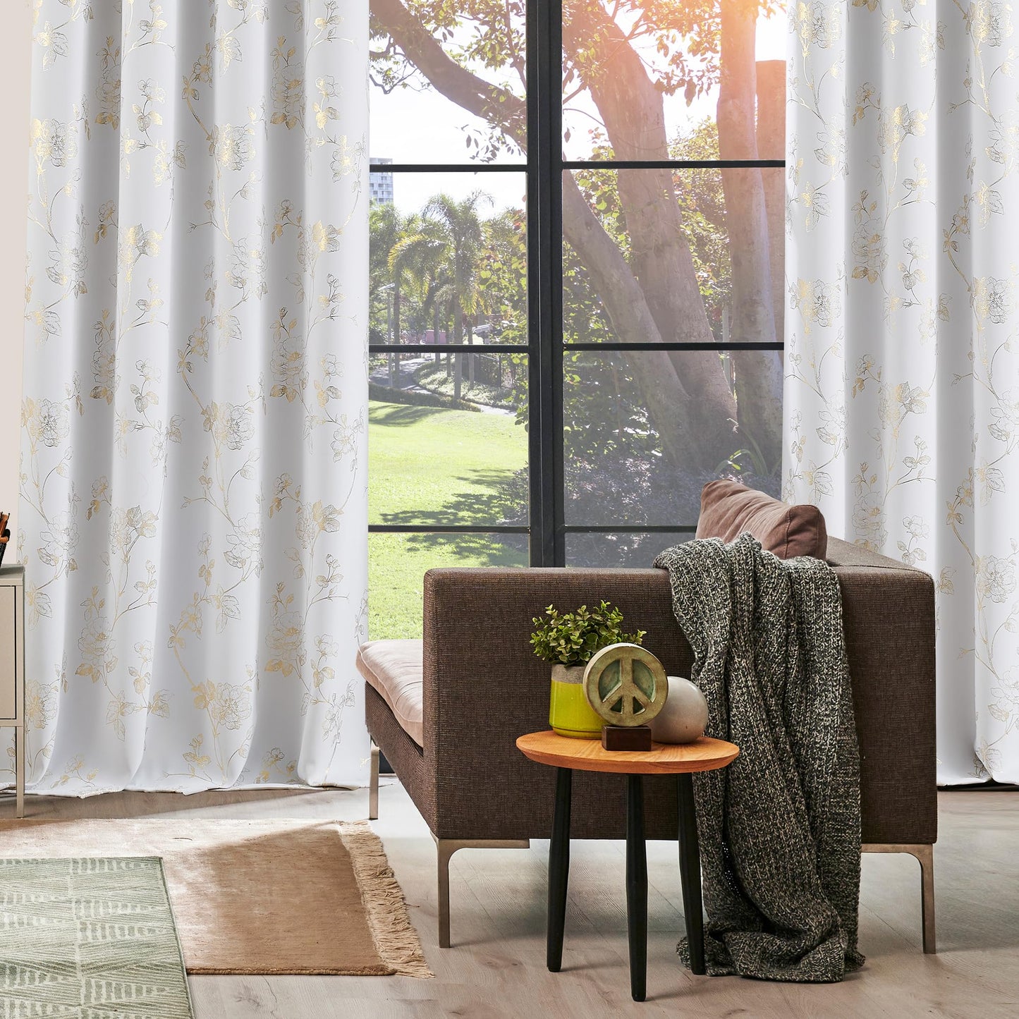 Ronaldecor Floral Full Blackout Window Curtains 84 Inches Long for Bedroom White Gold Rose Drapes Room Darkening Thermal Insulated Noise Reduction Grommet Window Treatments Sets, 52" W, 2 Panels