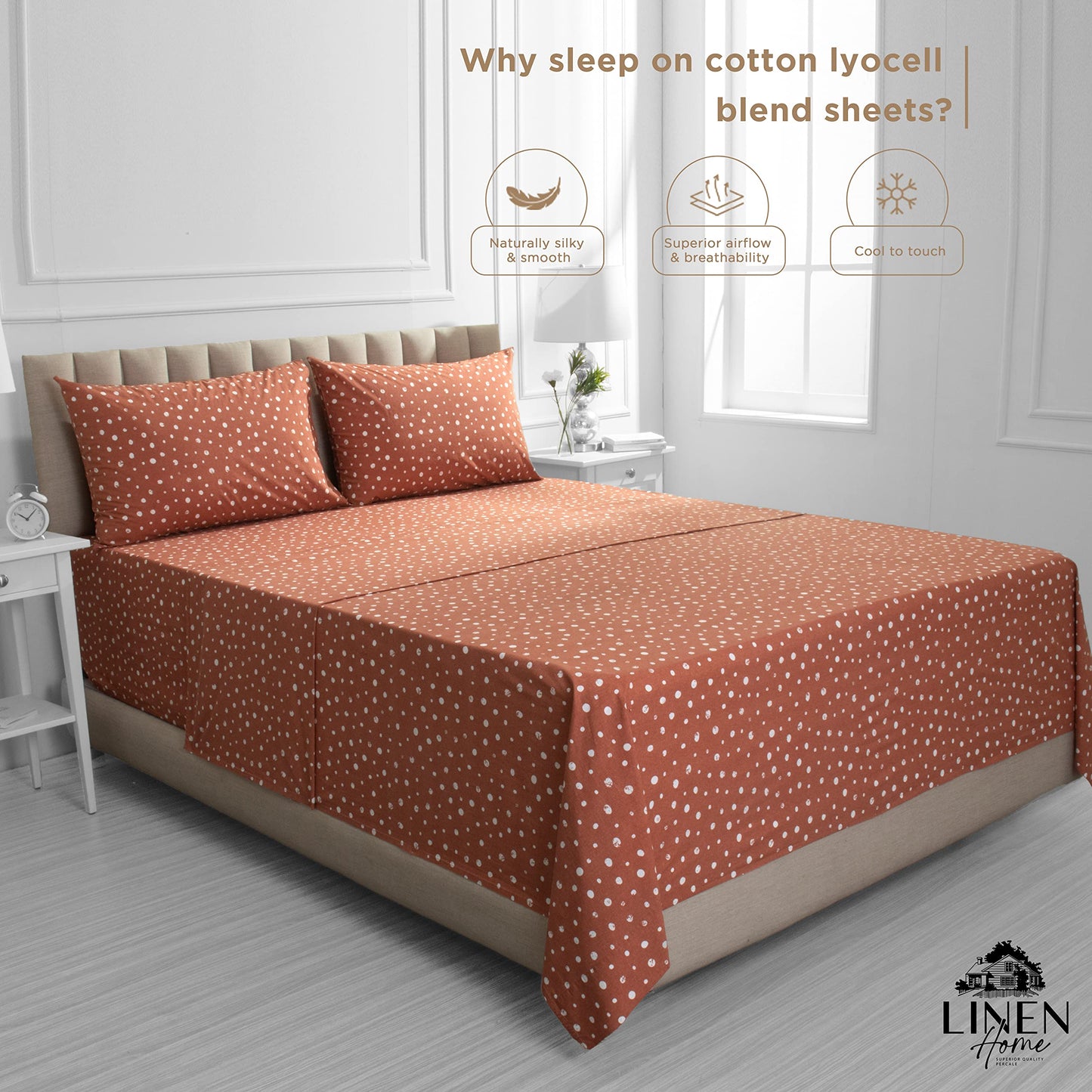Linen Home Cotton Lyocell Blend Percale Sheet Set Queen Size - 4 Piece Deep Pocket Bedding, Pre-Washed & Shrunk, Crisp Cooling Fabric, Fade-Resistant, Hotel Luxury, Wrinkle-Free - Polka Cedar Wood
