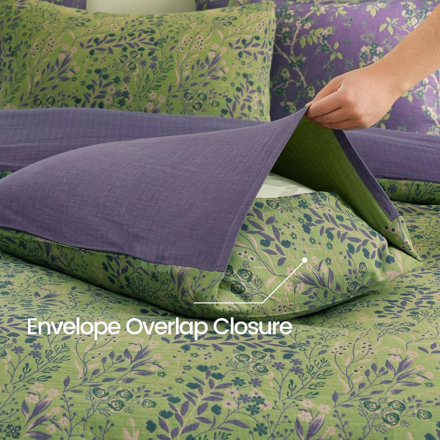 BISELINA 100% Cotton Muslin Duvet Cover Set Queen, 3 Pcs Yarn-Dyed Jacquard Textured Reversible Floral Design, Soft and Breathable Bedding Set with Zipper Closure, Green Purple