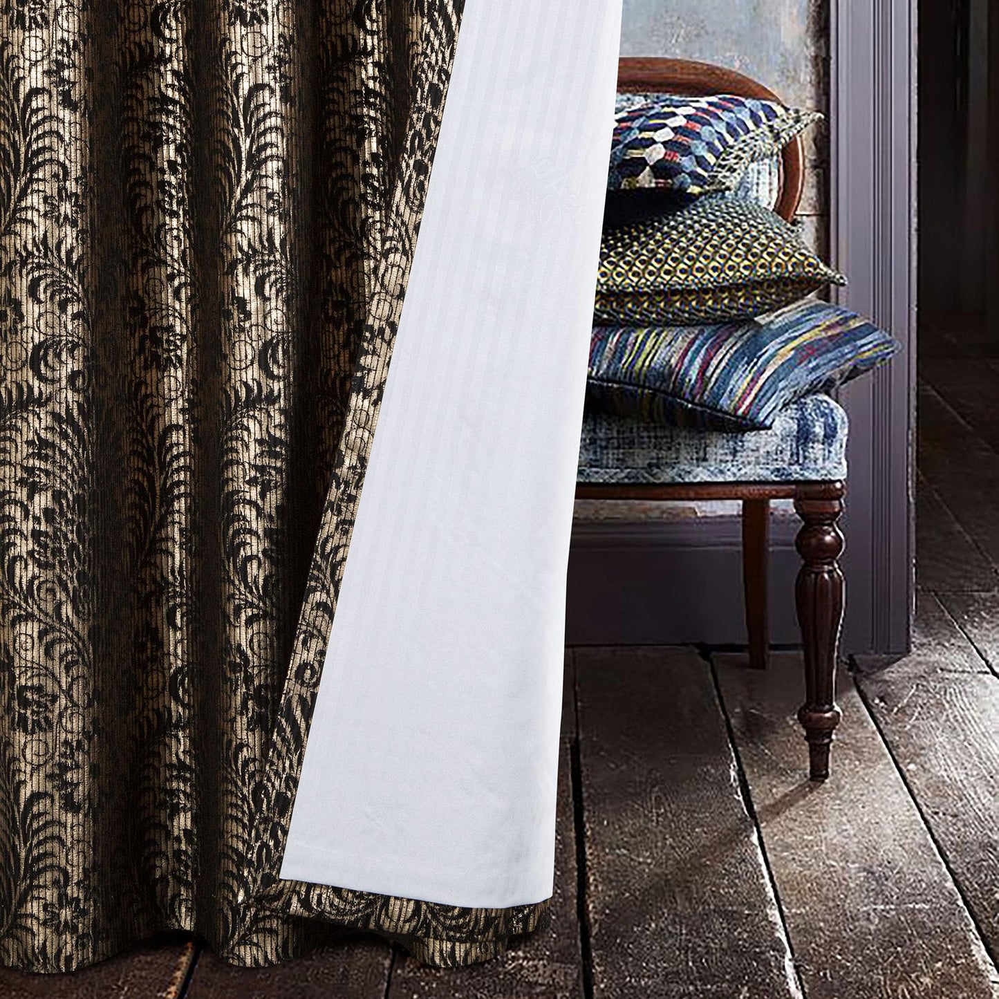 always4u 100% Blackout Damask Foil Print Black and Gold Ridged Velvet Curtains 108 Inches Long Drapes 2 Panels Shiny Metallic Window 54 * 108 Inches