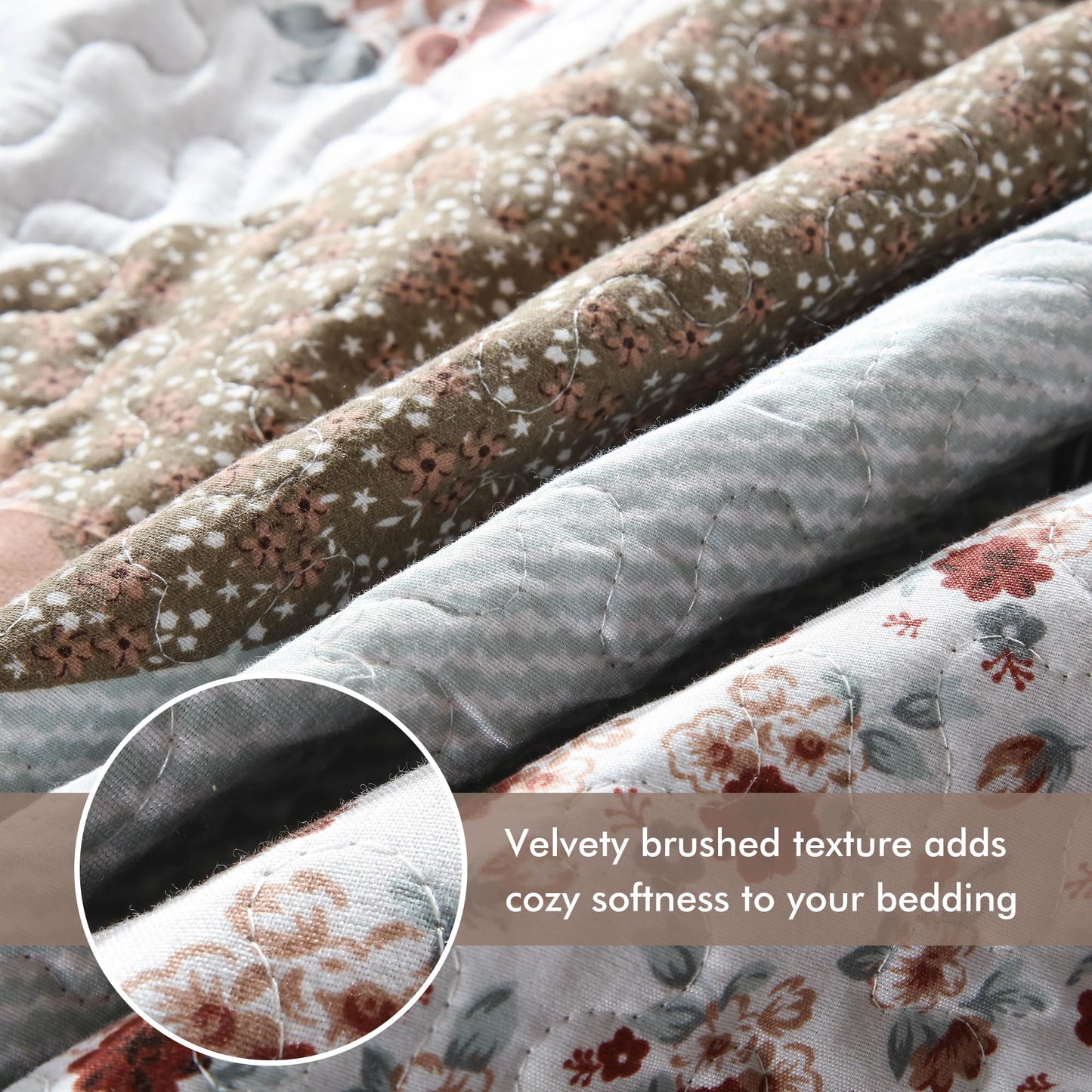 Etwel Lightweight Patchwork Queen Size Quilt Set - Breathable Reversible Cotton Bedspread for Hot Sleepers, Farmhouse Floral Bedding Set with 2 Pillow Shams for All Season (90"x98", Brown Flower)