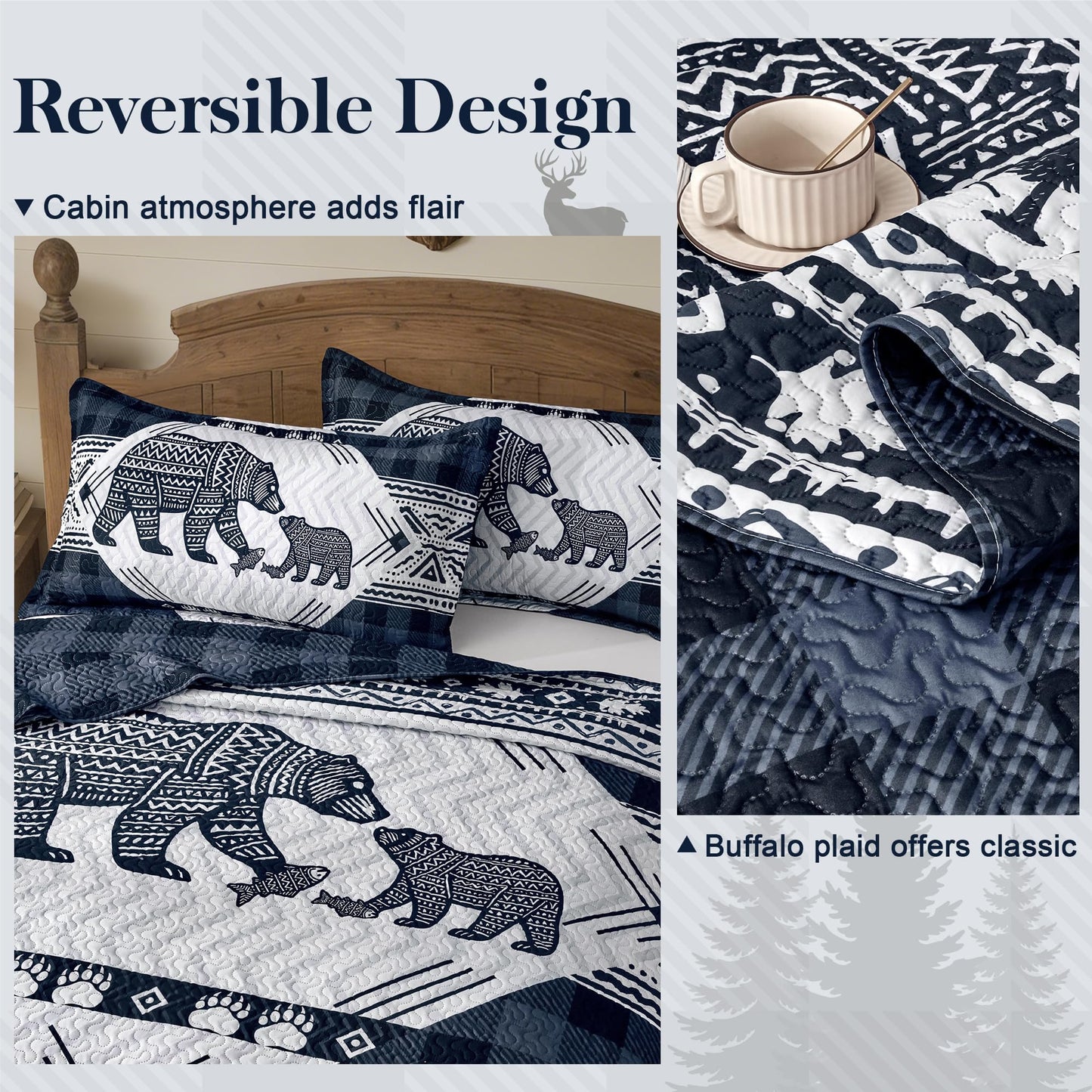 3 Piece Cabin Full/Queen Quilt Sets Farmhouse Rustic Reversible Microfiber Soft Lightweight Bedspread Comforter with 2 Shams Patchwork Country Lodge Bedding Quilts Set for All Season, 90''x96'' , Blue
