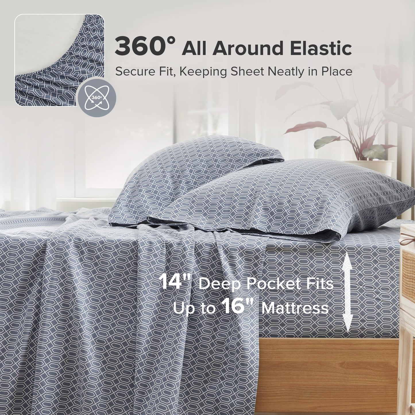 Comfort Spaces 100% Cotton Sheet Set Breathable, Lightweight, Soft with 14" Elastic Pocket Fits up to 16" Mattress, All Season Cozy Bedding, Matching Pillow Case, Cal King Diamond Blue 4 Piece