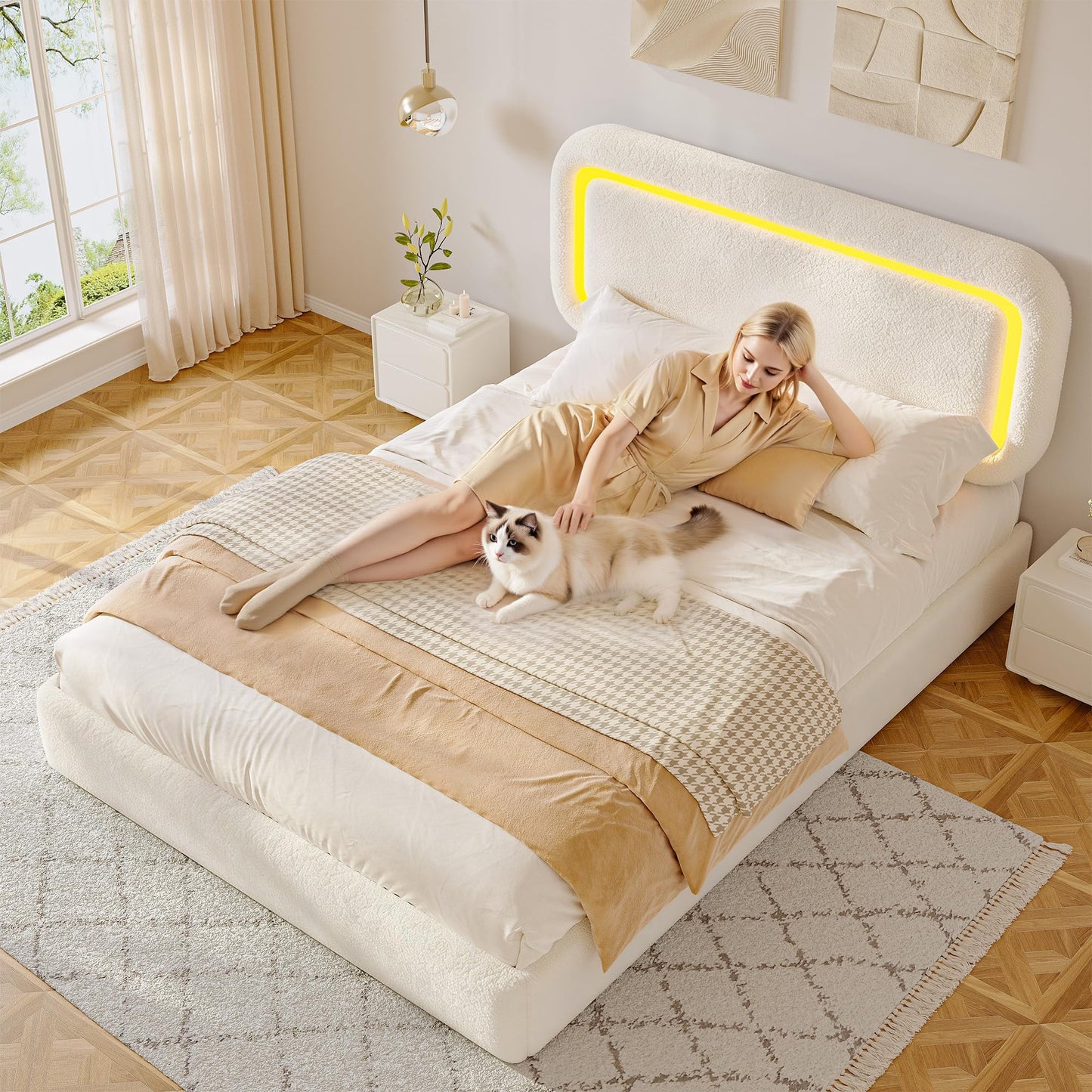 Homkdom Upholstered Full Size Bed Frame with Led Lights,Boucle Full Bed Frame,Soft Bed Frame Full with Headboard,Anti-Collision Round Corners,No Box Spring Needed,Modern,Cream White