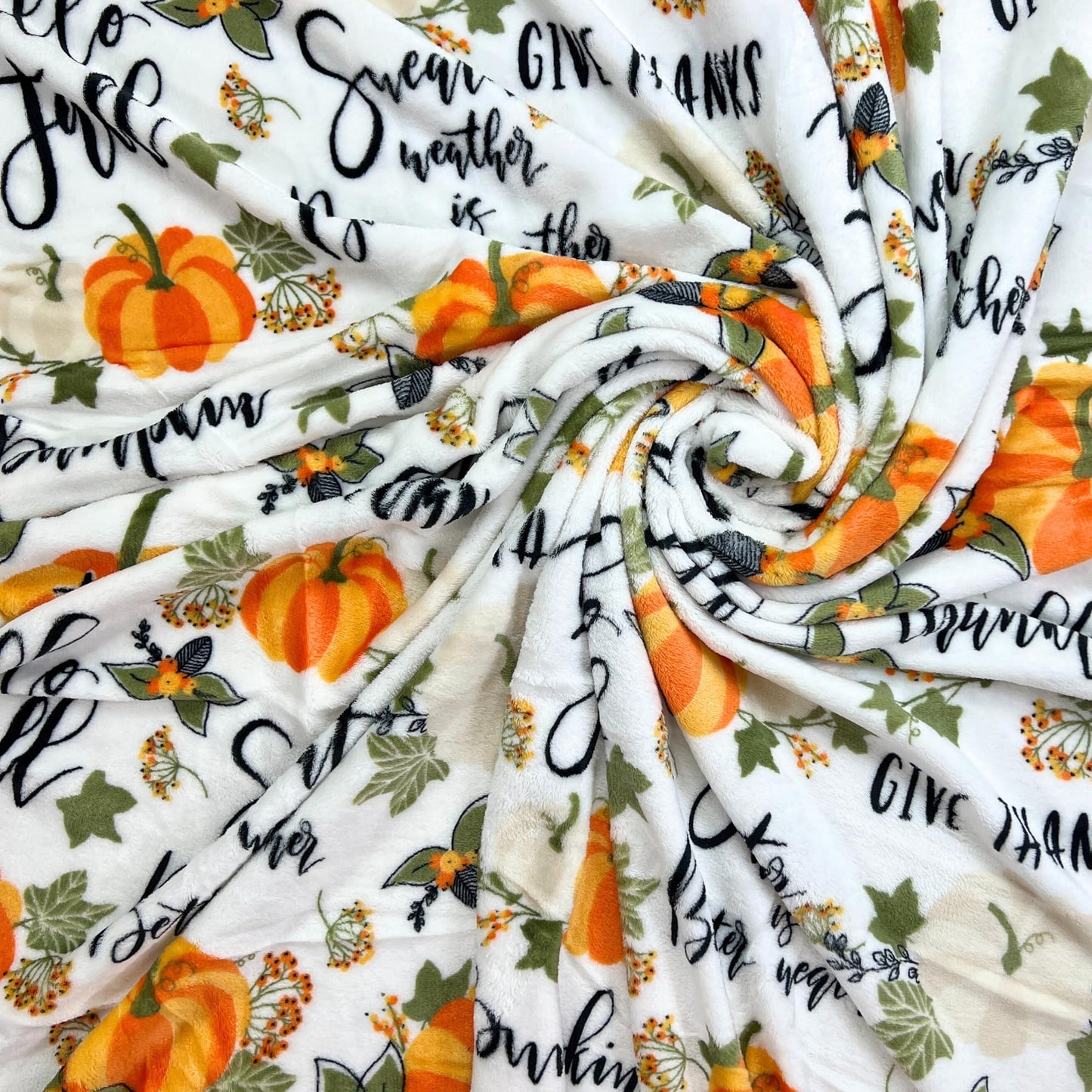 Fall Throw Blanket: Colorful Autumn Harvest Time Saying and Pumpkin Print on Soft White Velvet Fleece for Sofa Bed Couch Chair or Dorm