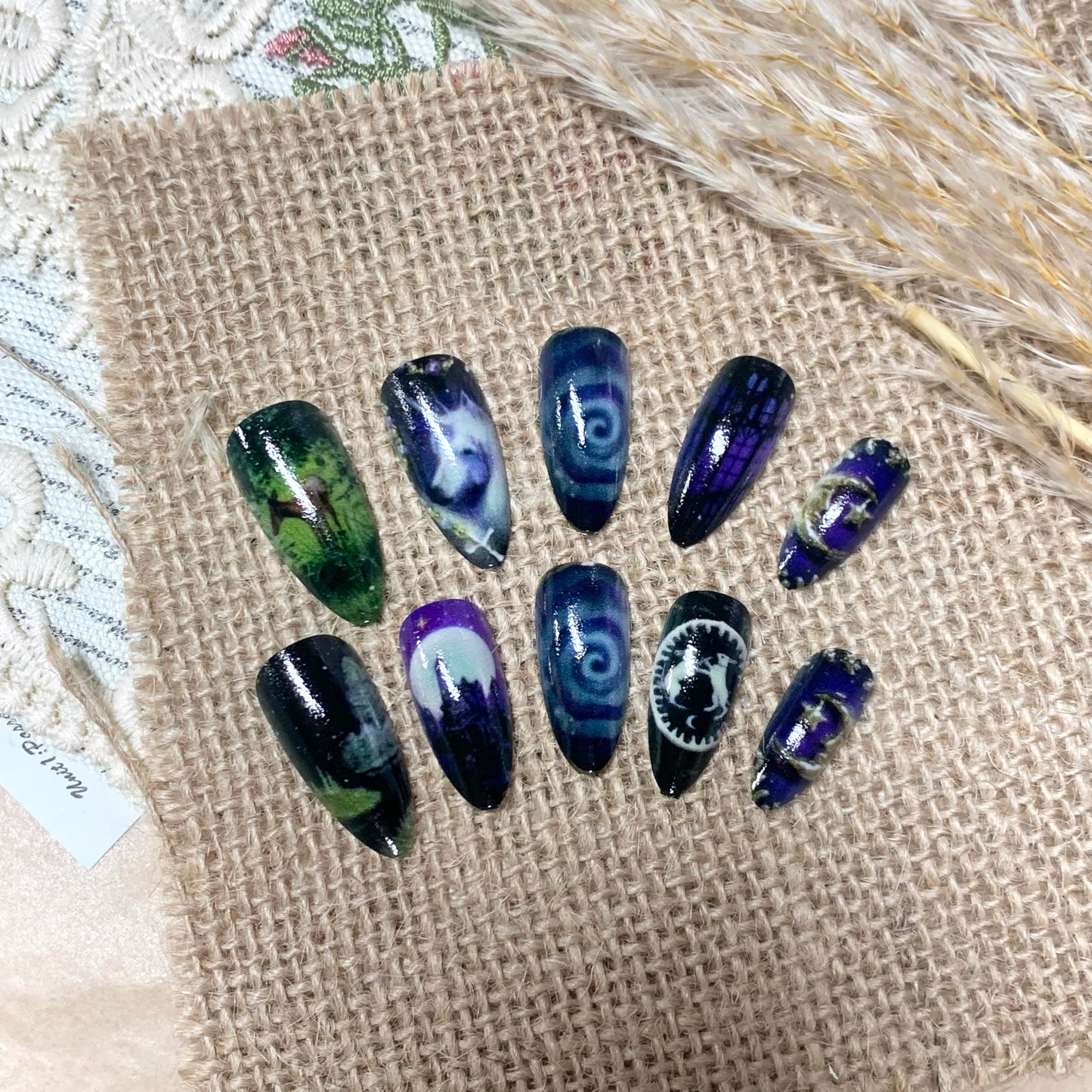 BABALAL Press on Nails Medium Almond Fake Nails Purple Goth Glue ons Anime Design Rabbit Unicorn Golden Moon Y2k Manicure Handmade Custom Art 24Pcs Glossy Full Cover Acrylic False Nails