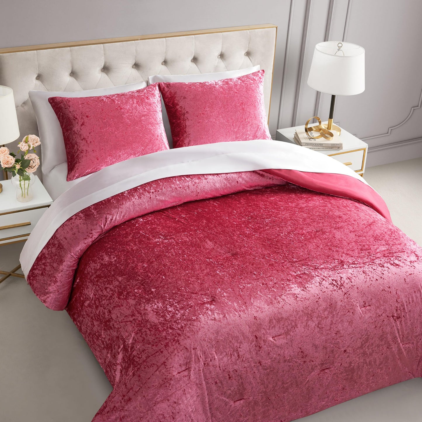 Juicy Couture Crushed Velvet Queen Comforter and Sham Set, 3-Piece Full/Queen Bedding Set - (1) 90"x90" Comforter and (2) 20"x26" Sham - Hot Pink