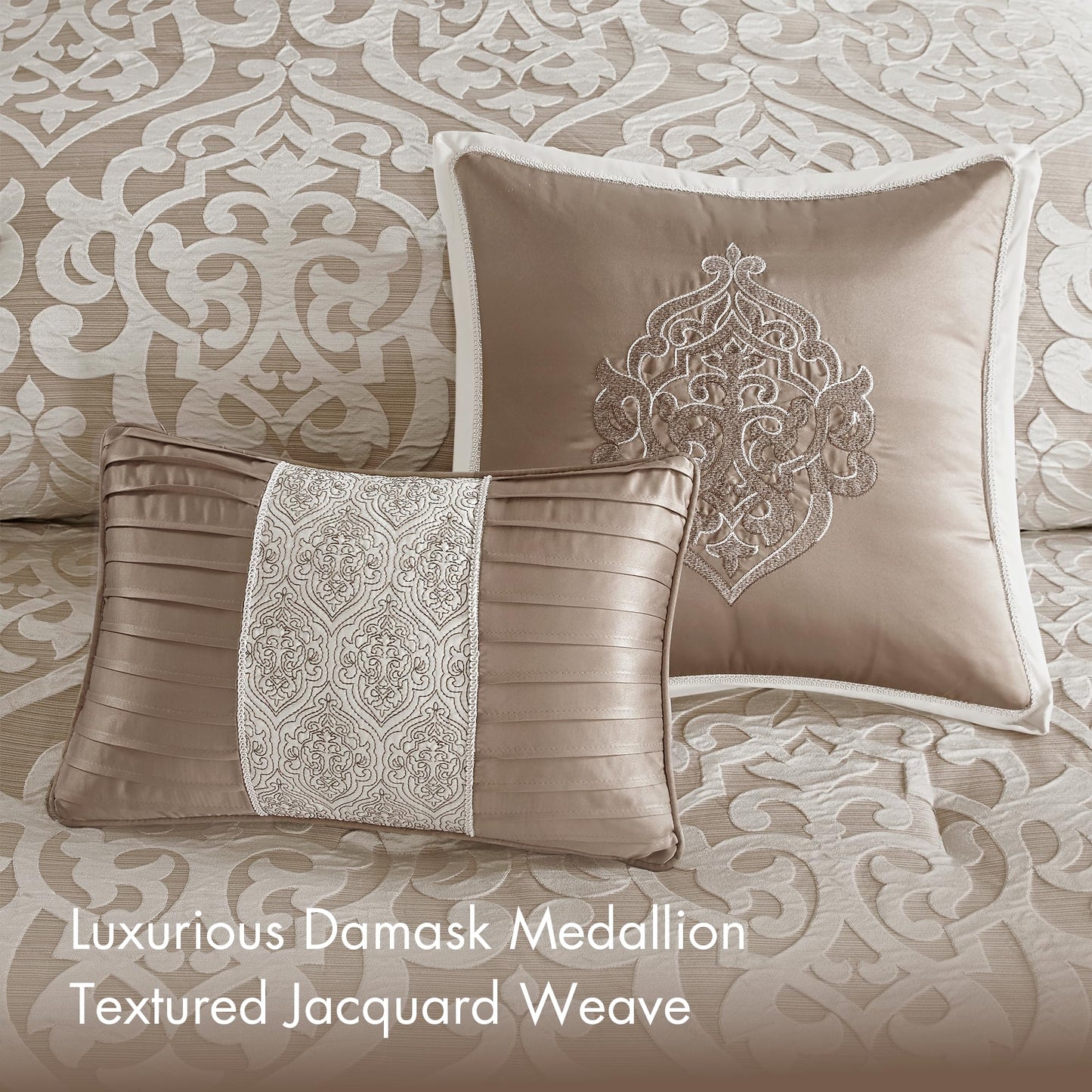 Madison Park Odette Cozy Comforter Set Jacquard Damask Medallion Design - Modern All Season, Down Alternative Bedding, Shams, Decorative Pillow, King(104 in x 92 in), Tan 8 Piece