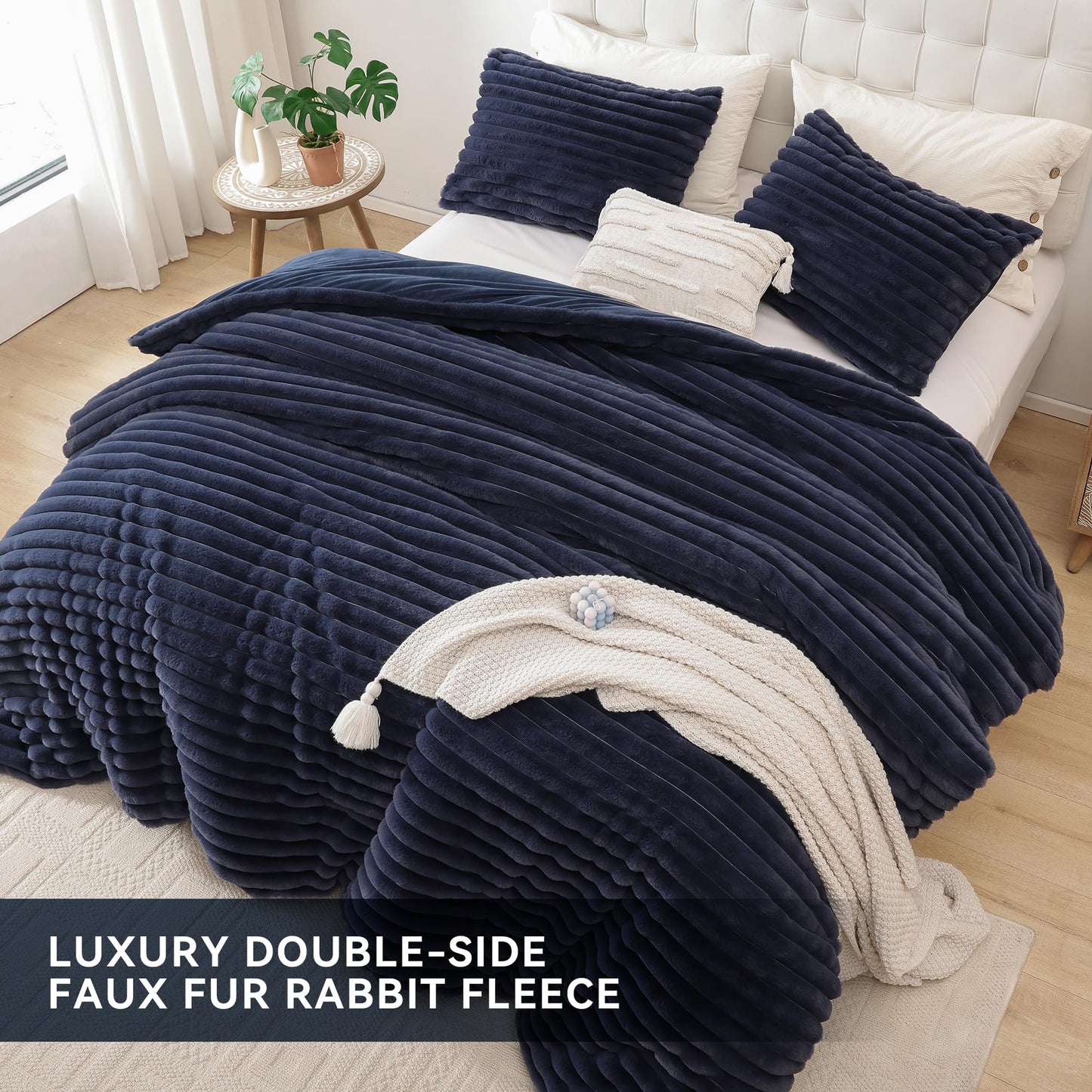 Smoofy Fluffy King Size Comforter Set 3 Pieces - Navy Blue Fleece Fluffy Comforter Set, Luxury Fuzzy King Bedding Set, Soft King Bed Set All Season, Heavy Faux Fur Comforter with 2 Pillow Cases