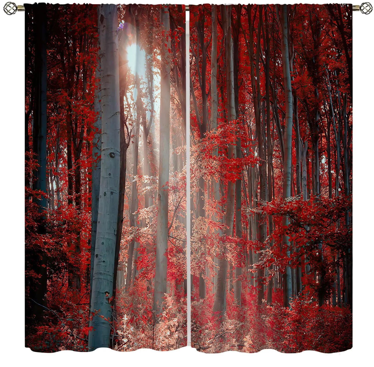 ICMOLYYENLO Natural Landscape Blackout Curtains, Forest Sunset Maple Leaf Lawn Woodland Pattern Printed Curtains for Bedroom Living Room Insulation Curtains 42x44 Inches