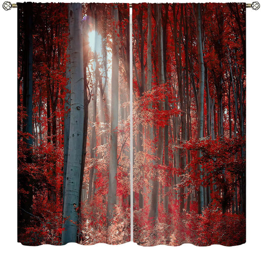 ICMOLYYENLO Natural Landscape Blackout Curtains, Forest Sunset Maple Leaf Lawn Woodland Pattern Printed Curtains for Bedroom Living Room Insulation Curtains 42x44 Inches