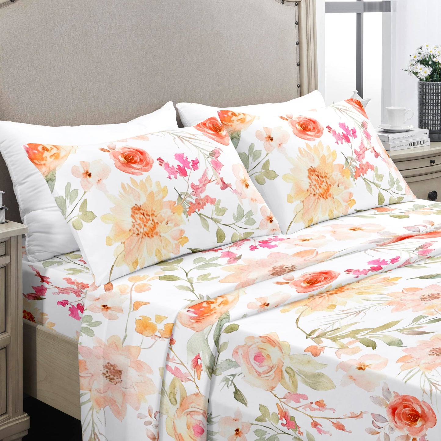 YIYEA Floral Sheets Queen Size, Premium Double Brushed Microfiber Bed Sheet Set for All Season, Soft Breathable, 16" Deep Pocket, Shrinkage and Fade Resistant, 4PC, Queen