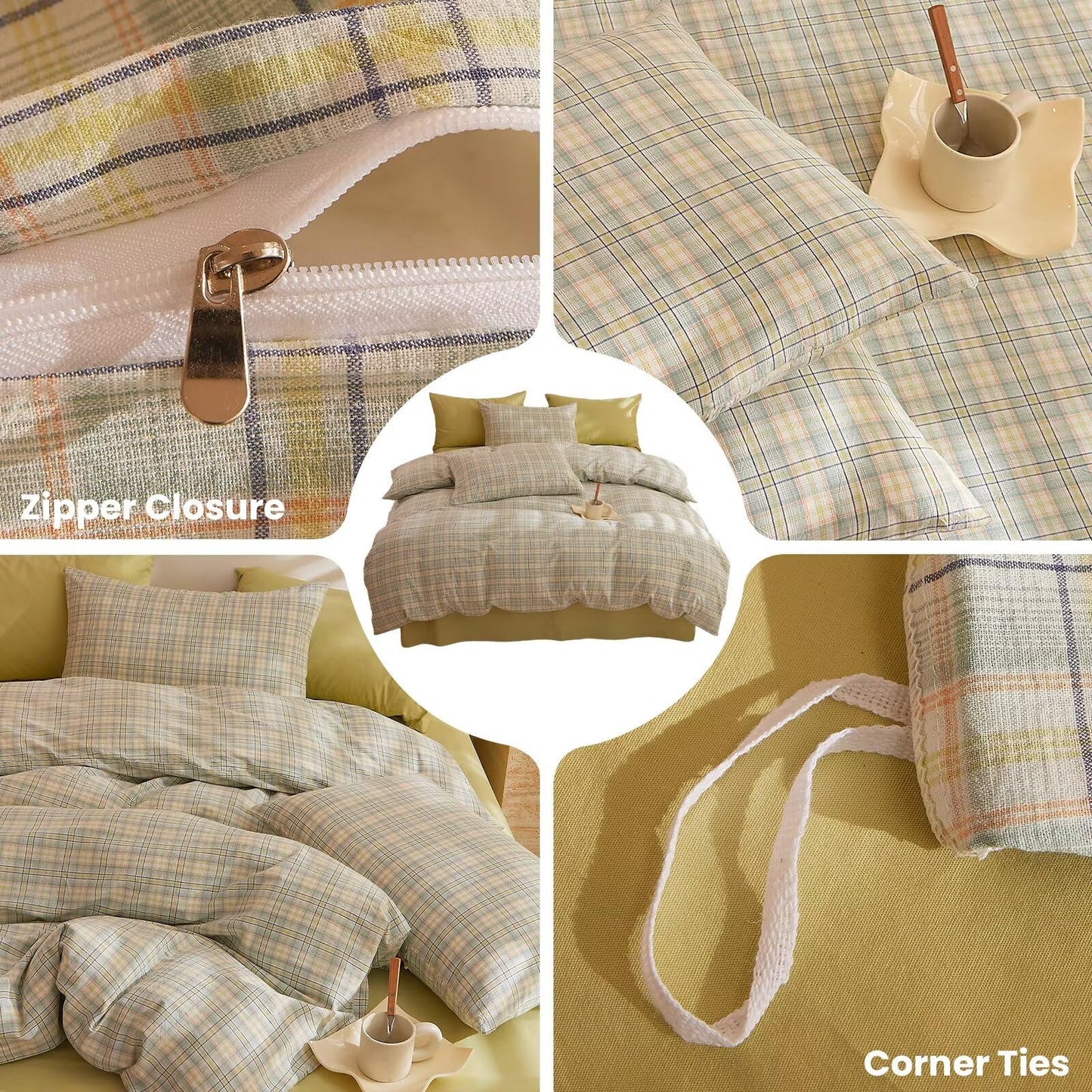AMZTOP Queen Size Duvet Cover Set 100 Cotton,1 Duvet Cover and 2 Pillowcases,Green Plaid Comforter Covers Bed Set for All Season,Chic Simple Soft Breathable Queen Bedding 90"×90"