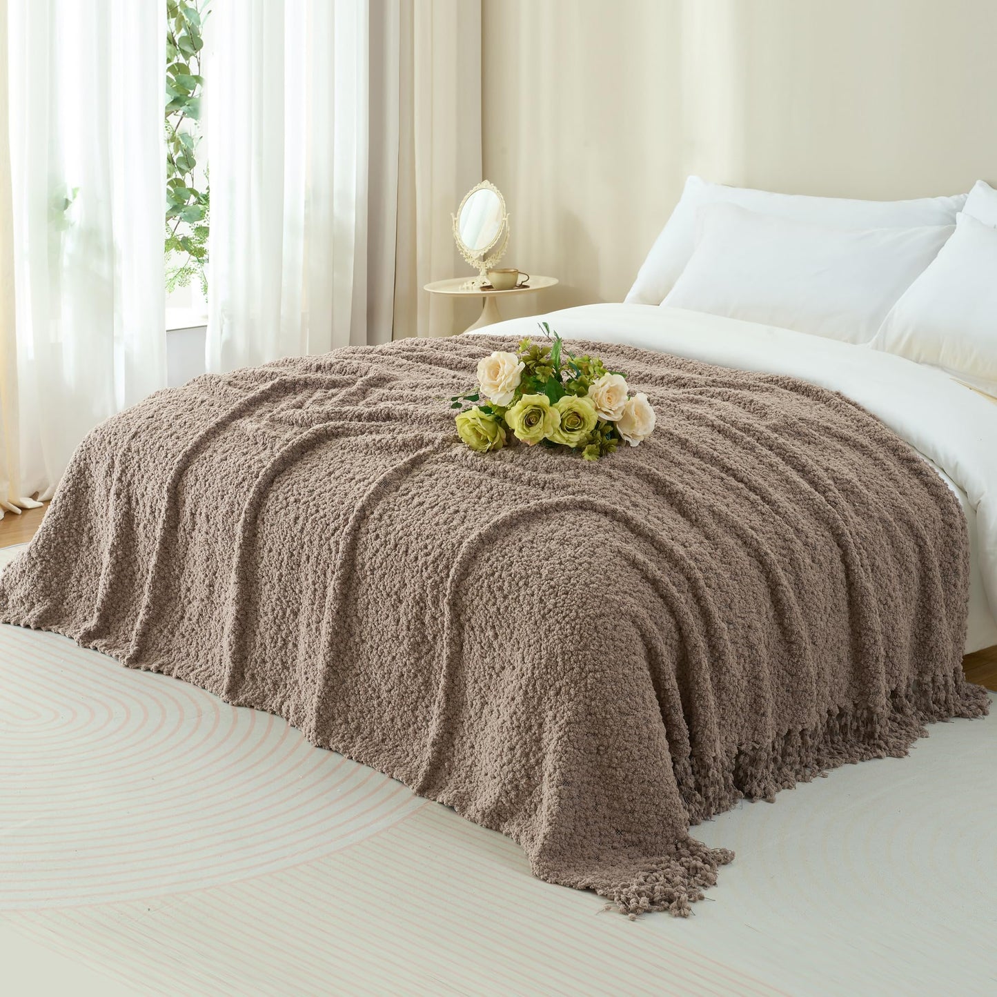 LONG CREATE Throw Blanket for Couch, Taupe Tan Luxury Knitted Throws 50"x60", Textured Blankets with Handmade Fringe Tassels for Bed Sofa Decorative, Chunky Soft Farmhouse Boho Home Decor