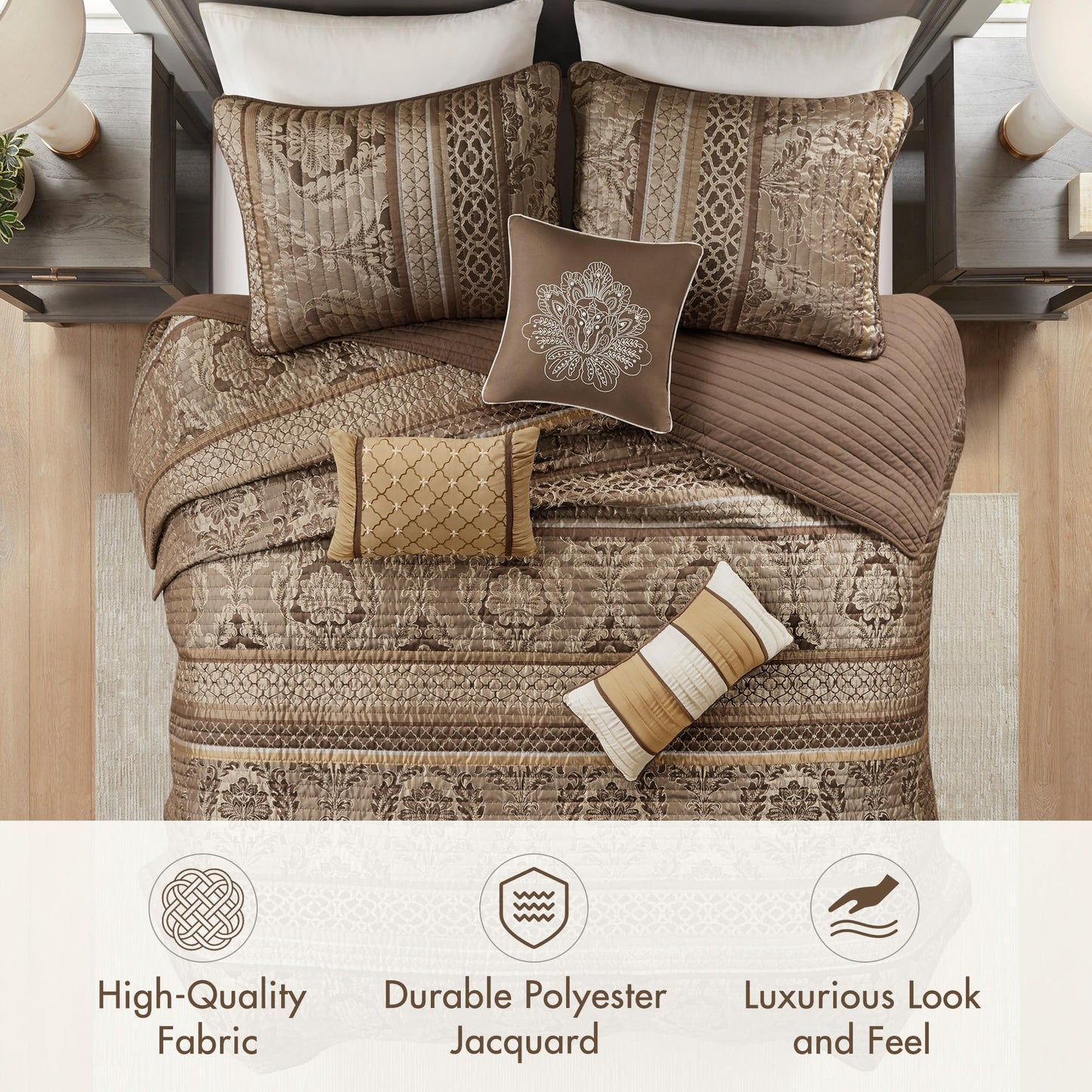Madison Park Quilt Traditional Damask Design All Season, Lightweight Coverlet Bedspread Bedding Set, Matching Shams, Pillows, King/Cal King(104"x94"), Bellagio, Jacquard Brown/Gold 6 Piece (MP13-369)