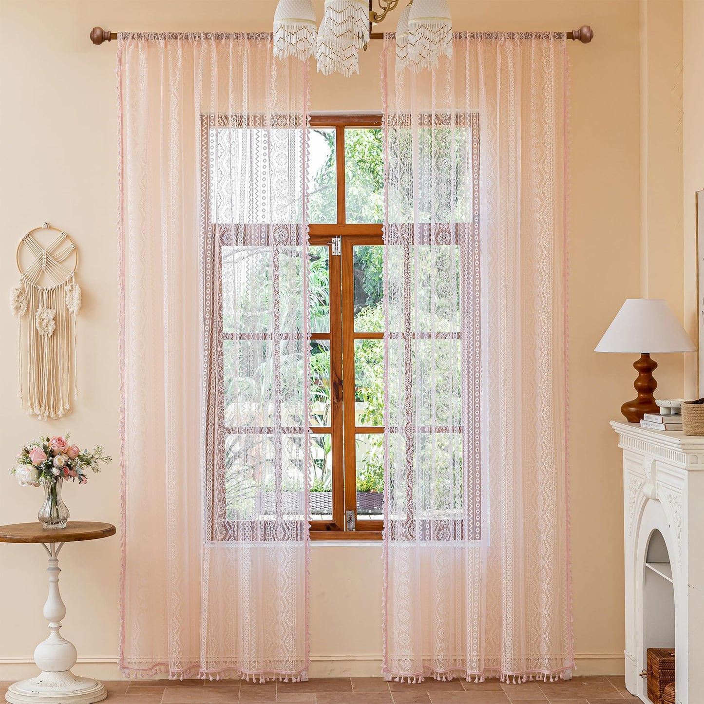 MYSKY HOME Pink Sheer Lace Curtains 2 Panels 90 inch Length for Girls Room Nursery Boho Vintage Floral Crochet Pattern Privacy Rod Pocket Tassels Small Windows Curtains, Wide 55 inch, 2 PCs