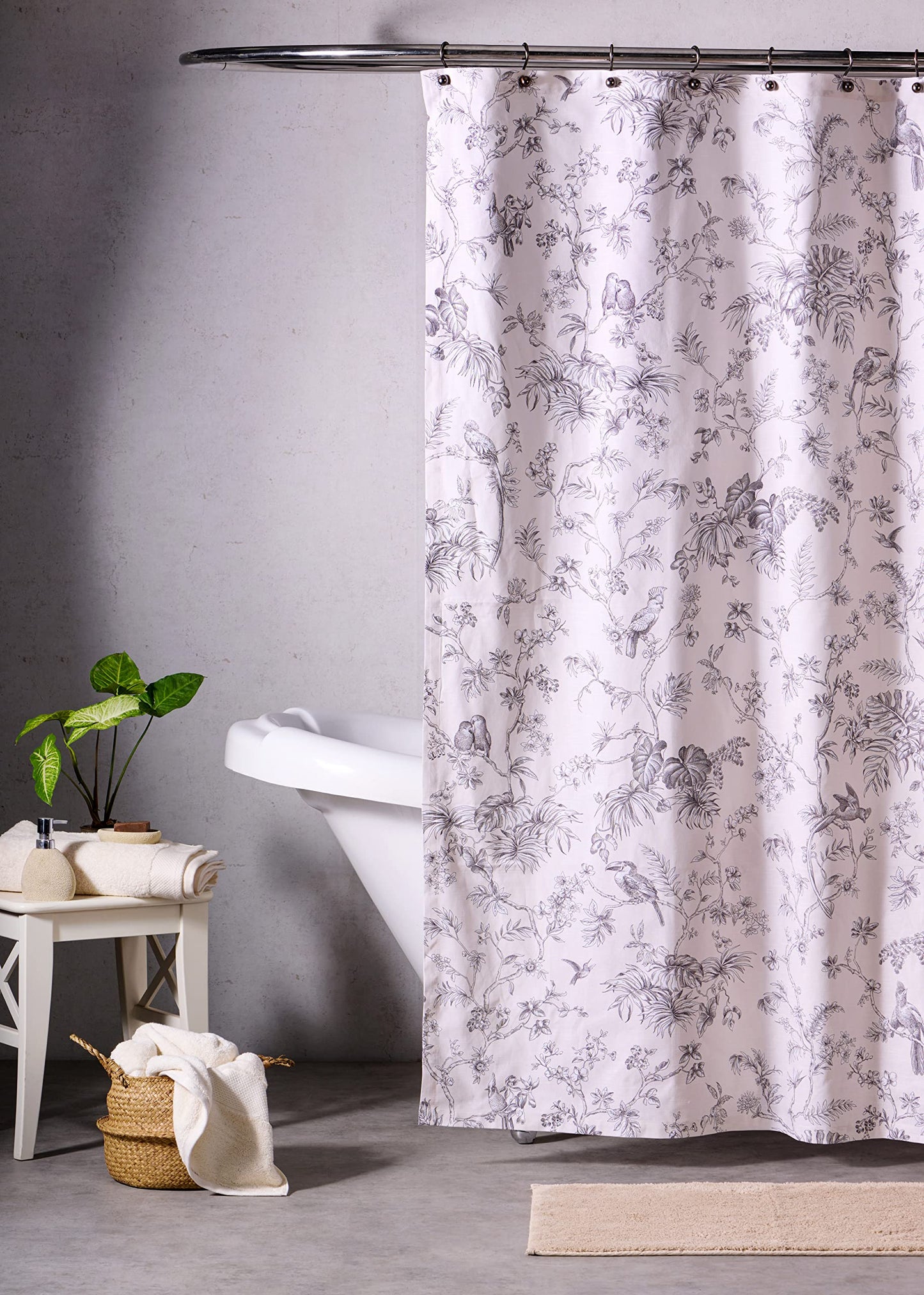 Maison d' Hermine Shower Curtain 100% Cotton One Panel 70"x72" Washable Fabric Shower Curtains for Bathroom, Easy Hanging with 12 Button Holes - Home Hotel Resort Spring Summer - Jouy Paradise - Grey