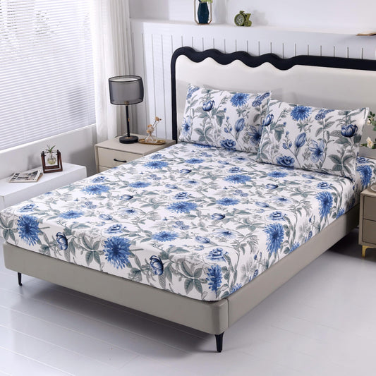SDIII Blue Floral Twin Fitted Sheet with 2 Pillowcases, Deep Pocket Soft Microfiber Twin Bed Sheet Floral Blue All Season