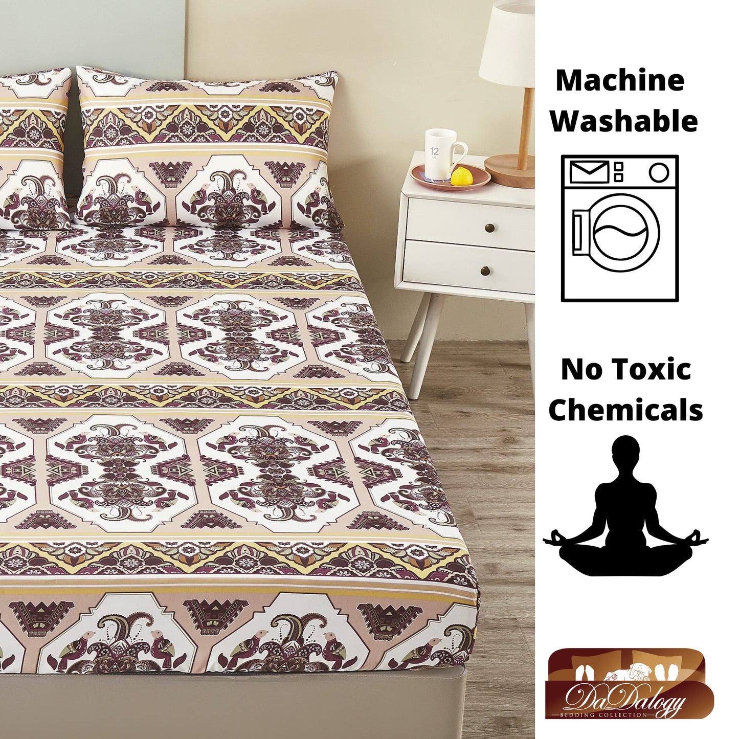 DaDa Bedding Farmhouse Bohemian Fitted Sheet - w/Pillow Cases Tribal Persian Filigree Majestic Rustic Kilim Traditional Design Intricate Ornate Vintage Pink Brown - Twin - 2-Pieces