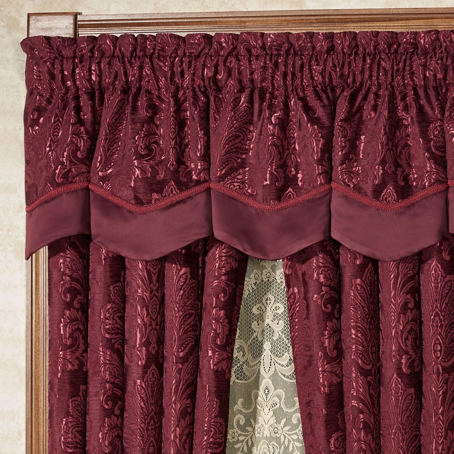 Touch of Class Camelot Luxury Window Treatment | Robust Burgundy | Matte Satin Damask on Richly Textured Jacquard-Woven Chenille Design | Drapery Set Includes Scalloped Valance and 84L Curtain Pair
