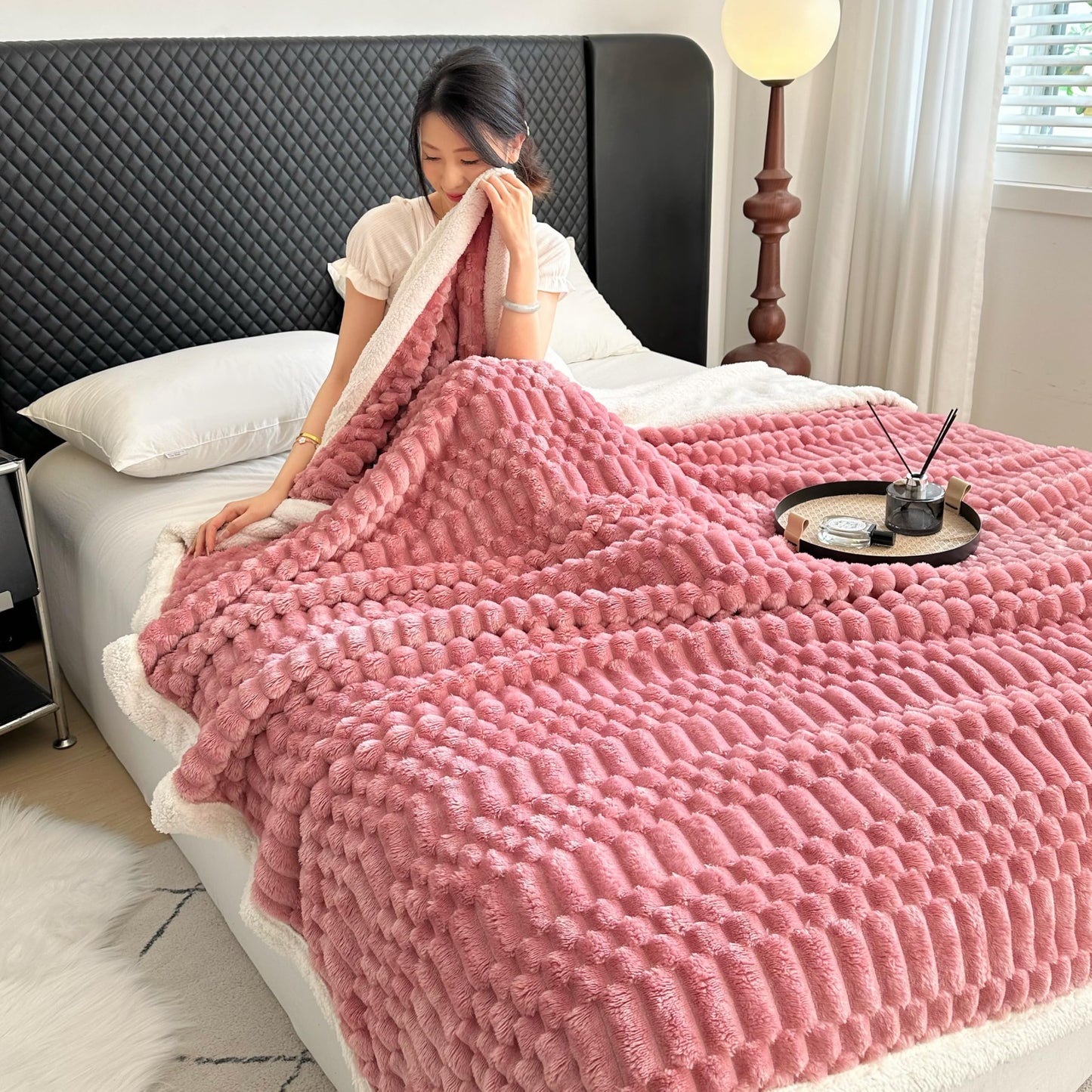 UKELER Pink Sherpa Throw Blanket 60 × 80 inch, 470 GSM Striped Sherpa Fleece Blankets for All Season, Warm and Cozy Blanket for Couch Sofa Bed Office Camping