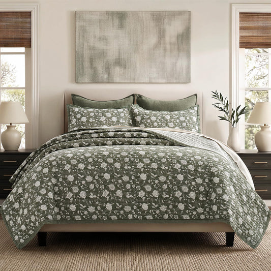 EverGrace Cotton Quilt Set Queen Size, 100% Cotton Reversible Lightweight Bedspread Coverlet, Vintage Floral Farmhouse Bedding, Traditional Botanical Quilt with 2 Pillow Shams, Sage Green 92"×96"