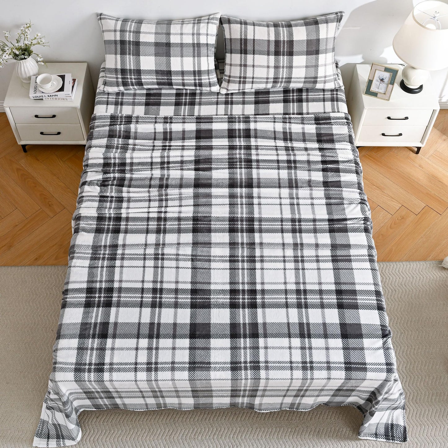 Viviland Plush Micro Polar Fleece Full Bed Sheet Set, Cozy Flannel-Like Velvet/Velour Fitted Sheets with 15" Deep Pocket, Fuzzy Warm Winter Double Sheets & Pillowcase Set, Gray and White Plaid