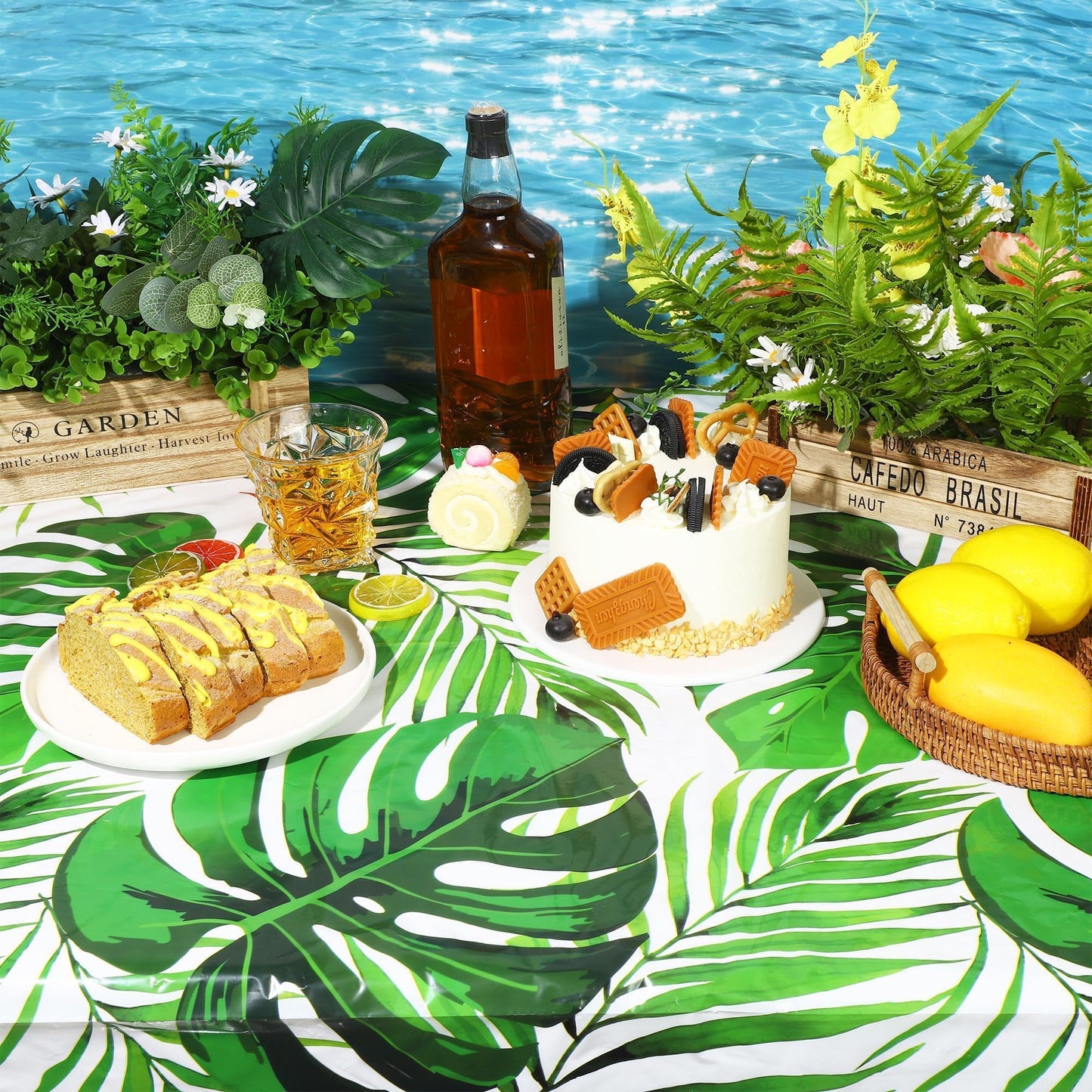 Kochorie 100 Ft x 54 Inch Palm Leaves Tablecloth Roll with Cutting Box Hawaiian Luau Tablecloths Disposable Aloha Tropical Table Cover Backdrop for Hawaii Birthday Summer Beach Tropical Party Supplies