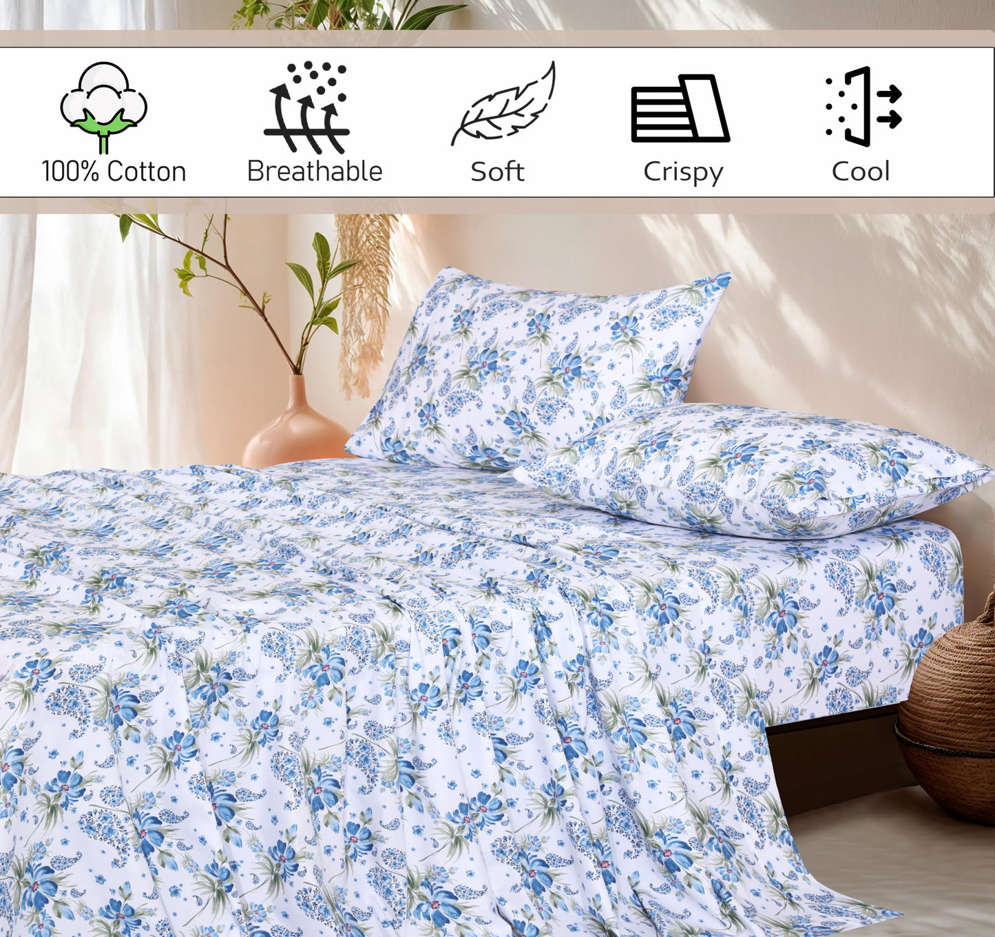 RUVANTI 100% Cotton Sheets Queen Size Set, 4 Pieces, Soft & Breathable Percale Weave Bedding, Deep Pocket 16", Hotel Standard, Crisp Cool Feeling, Durable, Perfect Floral Bed Sheet, Paislyona