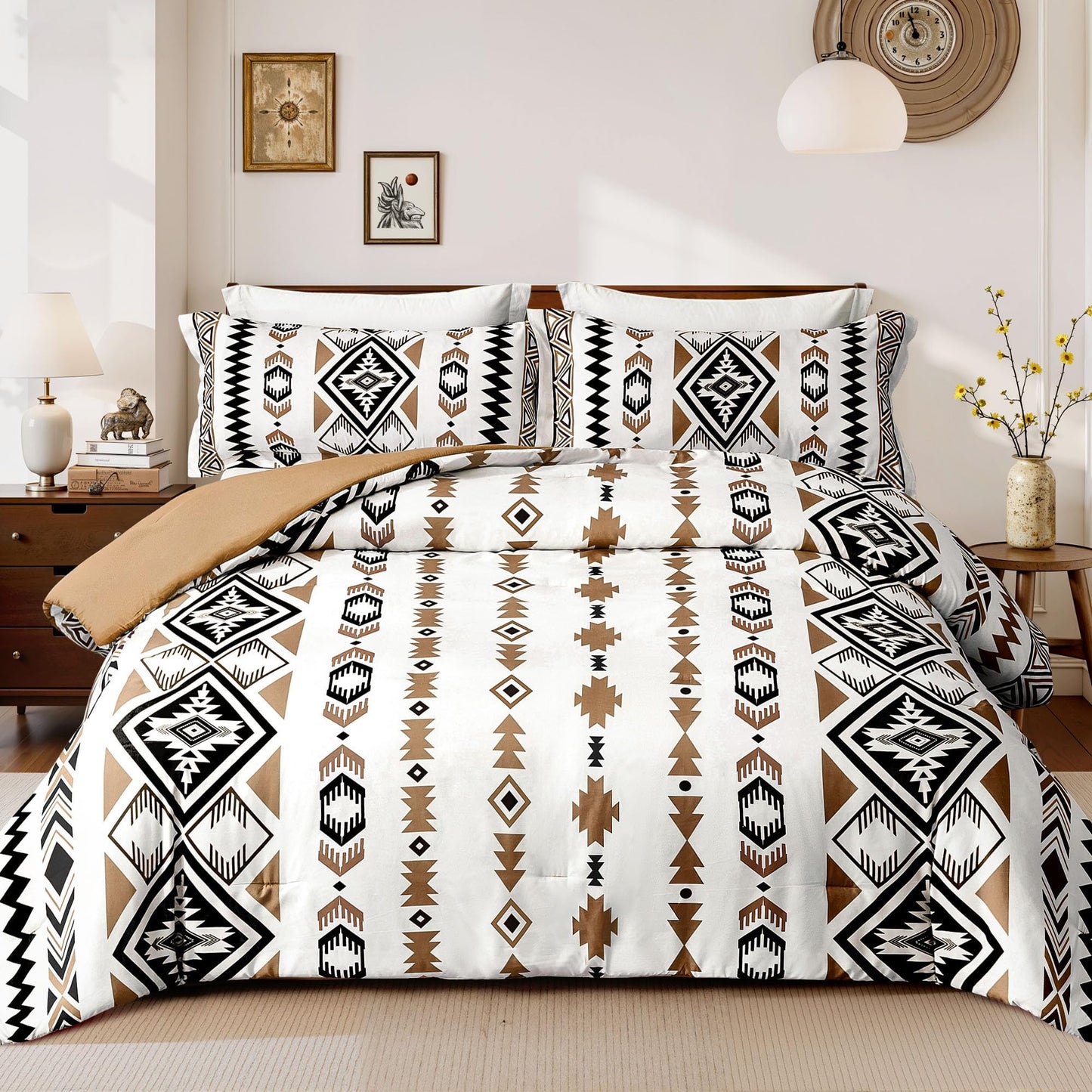 Tyrot King Comforter Set – 3 Piece Brown Boho Aztec Bedding, Western Southwestern Style Comforter Sets, Soft Lightweight Comforter for All Seasons, 1 Comforter & 2 Pillow Shams