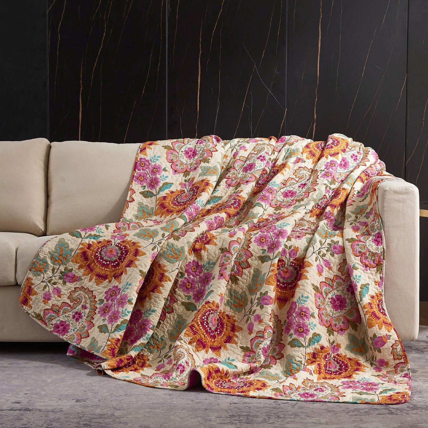 YASMENG 100% Cotton Boho Quilt Set Queen Size Vibrant Bohemian Paisley Coverlet