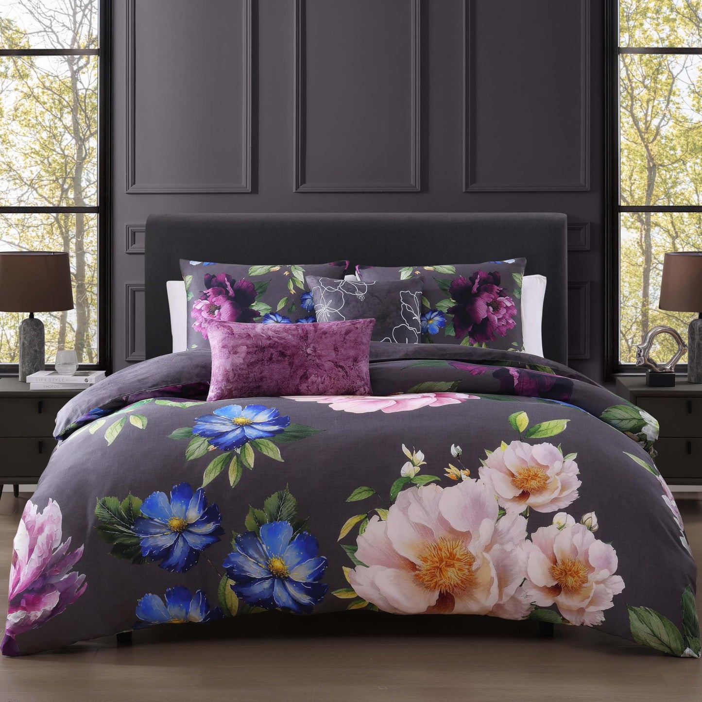 Bebejan Elegant Blossom 5 Piece Comforter Set, 100% Cotton Sateen, 200 Thread Count, Grey Reversible Bedding Comforter Set, 1 Comforter, 2 Shams & 2 Pillows (King/Cal King)