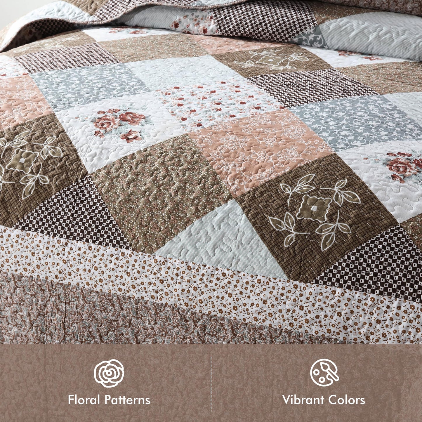 Etwel Lightweight Patchwork Queen Size Quilt Set - Breathable Reversible Cotton Bedspread for Hot Sleepers, Farmhouse Floral Bedding Set with 2 Pillow Shams for All Season (90"x98", Brown Flower)