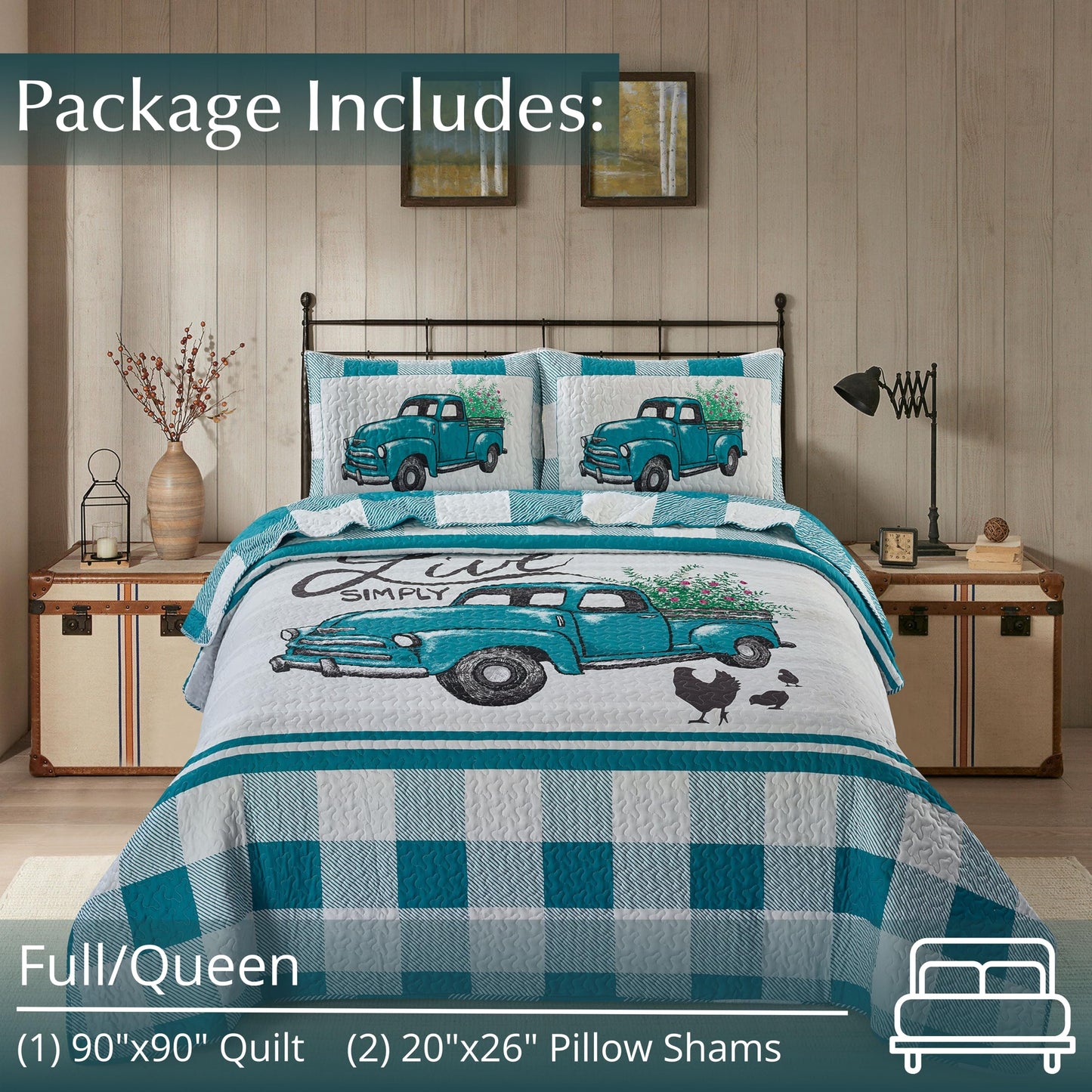Virah Bella 3 Piece Full/Queen Cabin Quilt Bedding Set - Flower Truck - Rustic Country Reversible Patchwork Comforter Set with Decorative Pillow Shams